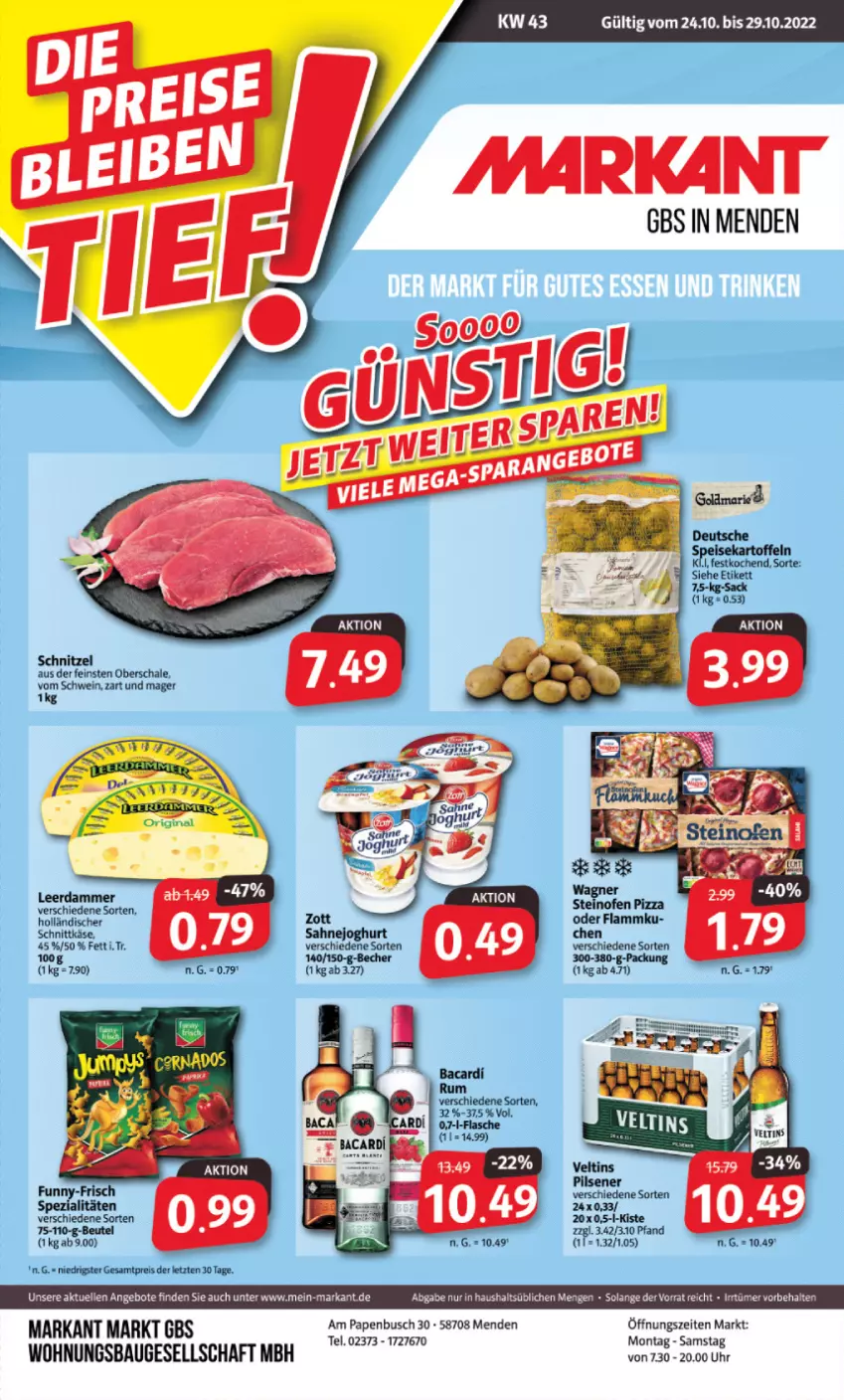 Aktueller Prospekt Markant - Prospekte - von 24.10 bis 29.10.2022 - strona 1 - produkty: angebot, angebote, bacardi, bacardi rum, Bau, Becher, beutel, eis, elle, flasche, funny-frisch, joghur, joghurt, kartoffel, kartoffeln, Käse, lamm, leerdammer, Ofen, pils, pilsener, pizza, reis, rum, sac, sahne, Sahnejoghurt, Schal, Schale, schnittkäse, schnitzel, schwein, speisekartoffeln, Spezi, steinofen, steinofen pizza, Ti, uhr, veltins, veltins pilsener, wagner, wein, zott, ZTE