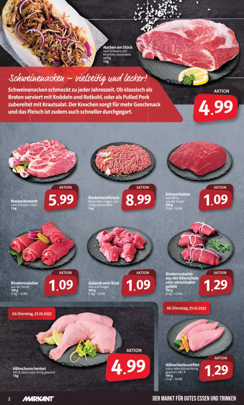 Aktueller Prospekt Markant - Prospekte - von 24.10 bis 29.10.2022 - strona 2 - produkty: braten, eis, elle, fleisch, gutes essen, hähnchenschenkel, henkel, Knödel, Kraut, krautsalat, mac, Pulled Pork, rotkohl, salat, schenkel, schwein, schweine, schweinenacken, Ti, wein, weine