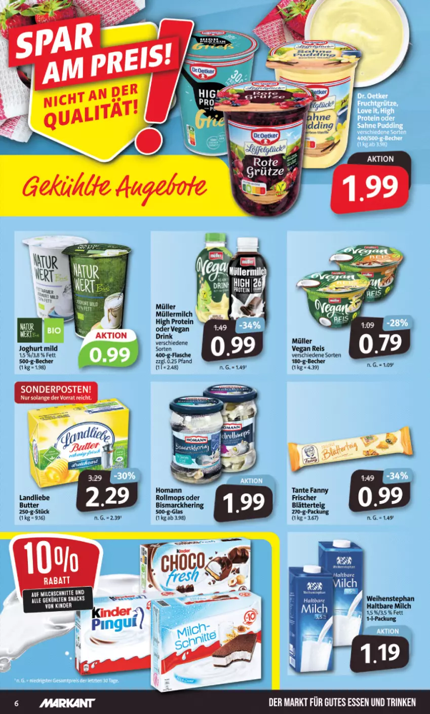 Aktueller Prospekt Markant - Prospekte - von 24.10 bis 29.10.2022 - strona 6 - produkty: Becher, bett, Betten, bismarck, blätterteig, butter, drink, eis, flasche, haltbare milch, hering, homann, joghur, joghurt, joghurt mild, landliebe, milch, Müller, müllermilch, reis, ring, snack, snacks, sonderposten, tante fanny, weihenstephan