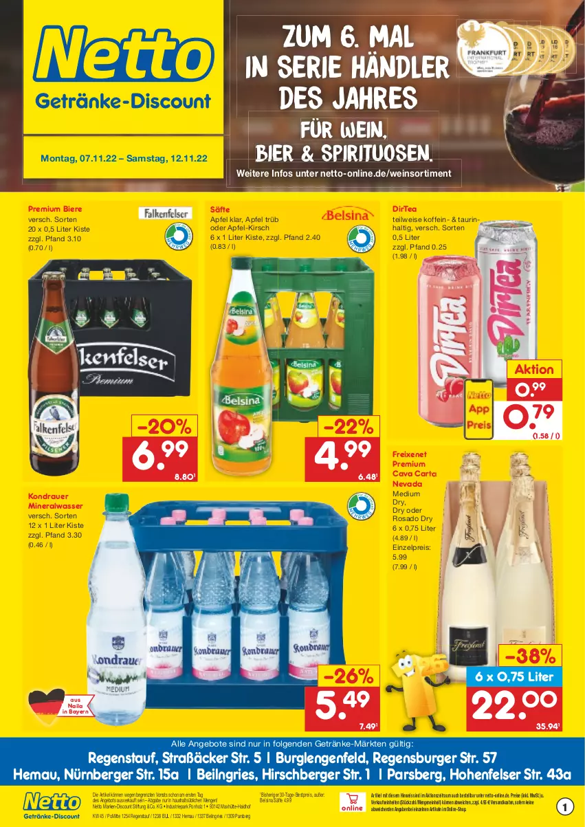 Aktueller Prospekt Netto Marken-Discount - Getränkemarkt in deiner Nähe - von 15.03.2021 bis 12.11.2022 - strona 1 - produkty: Alwa, angebot, angebote, apfel, auer, Berger, bestpreis, bier, Biere, burger, Cava, discount, eis, freixenet, getränk, getränke, Holz, kirsch, LG, marken-discount, mineralwasser, ndk, nürnberger, regensburger, reis, säfte, spirituosen, Ti, wasser, wein, ZTE