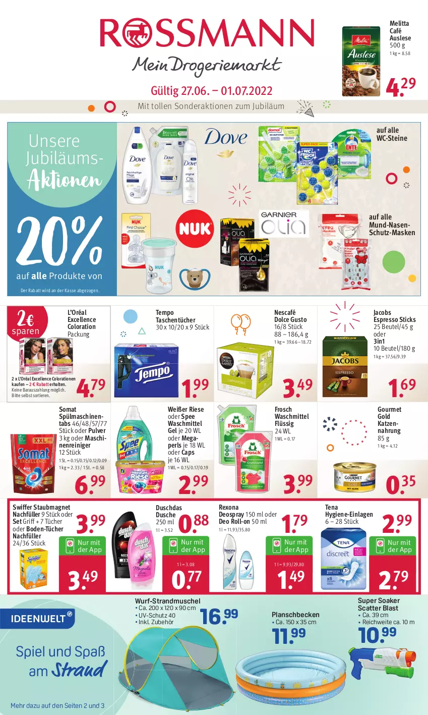 Aktueller Prospekt Rossmann - Prospekte - von 27.06 bis 01.07.2022 - strona 1 - produkty: beutel, Cap, Colorationen, deo, deo roll-on, deospray, deospray 150 ml, dolce gusto, duschdas, dusche, elle, espresso, Frosch, gourmet gold, jacobs, Jubiläums, katzennahrung, maschinenreiniger, Maske, megaperls, melitta, Nescafé, oder deo roll-on, planschbecken, reiniger, rexona, roll-on, somat, spee, spülmaschinen, spülmaschinentabs, staubmagnet, swiffer, Tasche, taschen, taschentücher, Tempo, Ti, Tiere, tücher, uv-schutz, waschmittel, WC-Steine