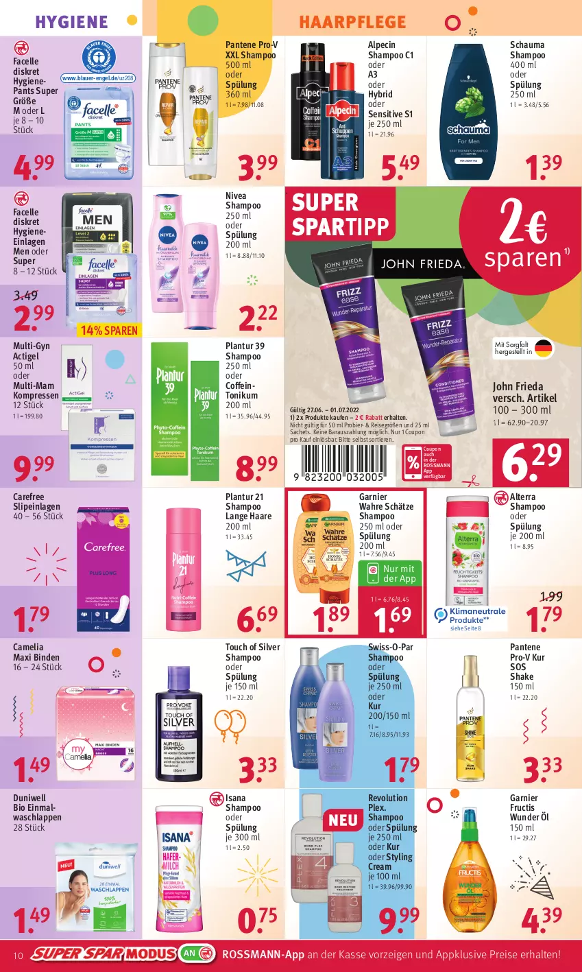 Aktueller Prospekt Rossmann - Prospekte - von 27.06 bis 01.07.2022 - strona 10 - produkty: alpecin, alterra, Alwa, auer, bier, binden, bio, camelia, carefree, cin, coffein, coupon, duni, Duniwell, Einmalwaschlappen, eis, elle, Engel, Facelle, fructis, garnier, haarpflege, isana, mam, nivea, pantene, pantene pro-v, Pants, pro-v, reis, sac, sana, schauma, schauma shampoo, shake, shampoo, shampoo 250 ml, shampoo oder spülung, slip, slipeinlagen, spartipp, spülung, spülung 200 ml, Swiss-o-Par, Ti, Tiere, Wahre Schätze, waschlappen