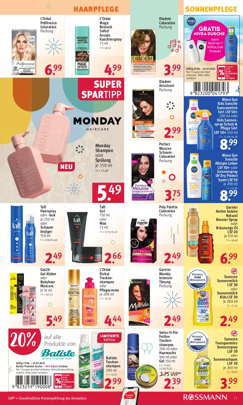 Aktueller Prospekt Rossmann - Prospekte - von 27.06 bis 01.07.2022 - strona 11 - produkty: Ambre Solaire, coupon, creme, diadem, dusche, eis, elle, elvital, ente, garnier, got2b, haarpflege, haarspray, Intensivtönung, kleber, lack, Lotion, Mascara, milch, mousse, natur, natura, nivea, nivea sun, oder schaumfestiger, Palette, Pflegecreme, reis, schaumfestiger, shampoo, shampoo oder spülung, sonnenmilch, sonnenspray, spartipp, Sport, spülung, Swiss-o-Par, Taft, tee, teller, Ti, Tiere, Trockenshampoo, vita