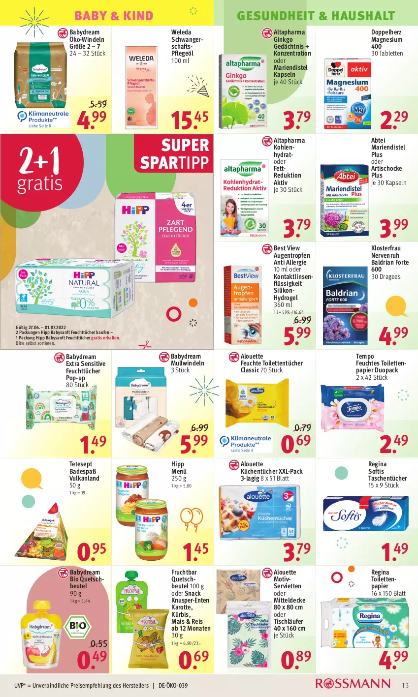 Aktueller Prospekt Rossmann - Prospekte - von 27.06 bis 01.07.2022 - strona 13 - produkty: Abtei, alouette, Altapharma, babydream, Bad, beutel, bio, decke, doppelherz, eis, elle, ente, feuchtes toilettenpapier, feuchttücher, frucht, Gesundheit, gin, hipp, küche, Küchen, küchentücher, Kürbis, Läufer, linsen, magnesium, magnesium 400, mais, mitteldecke, Mullwindel, papier, Pflegeöl, quetschbeutel, reis, Ria, senf, Serviette, servietten, snack, spartipp, tablet, tablett, Tablette, Tasche, taschen, taschentücher, teller, Tempo, Ti, Tiere, tisch, tischläufer, toilettenpapier, toilettentücher, tücher, weleda, windeln