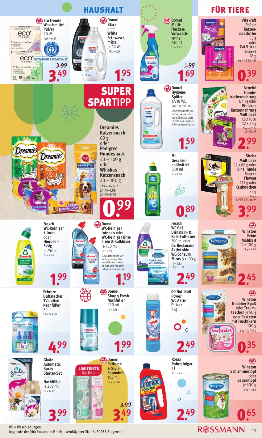 Aktueller Prospekt Rossmann - Prospekte - von 27.06 bis 01.07.2022 - strona 15 - produkty: angebot, angebote, auer, auto, Bau, Bauer, beere, bio, biozidprodukte, Domol, Dr. Beckmann, dreamies, Engel, essig, febreze, feinwaschmittel, Frosch, frucht, geschirr, geschirrspülmittel, Glade, himbeer, himbeere, Hunde Snacks, hundesnack, Hundetrockennahrung, hygienespüler, katzennahrung, katzensnack, kraft, lack, mit frucht, nassfutter, pastete, pedigree, Rauch, Raumduft, reiniger, rorax, rwe, sheba, sim, snack, snacks, spartipp, spülmittel, Tasche, taschen, Ti, Tiere, topf, Trockennahrung, vita, vitakraft, waschmittel, wc-reiniger, wedel, whiskas, zitrone