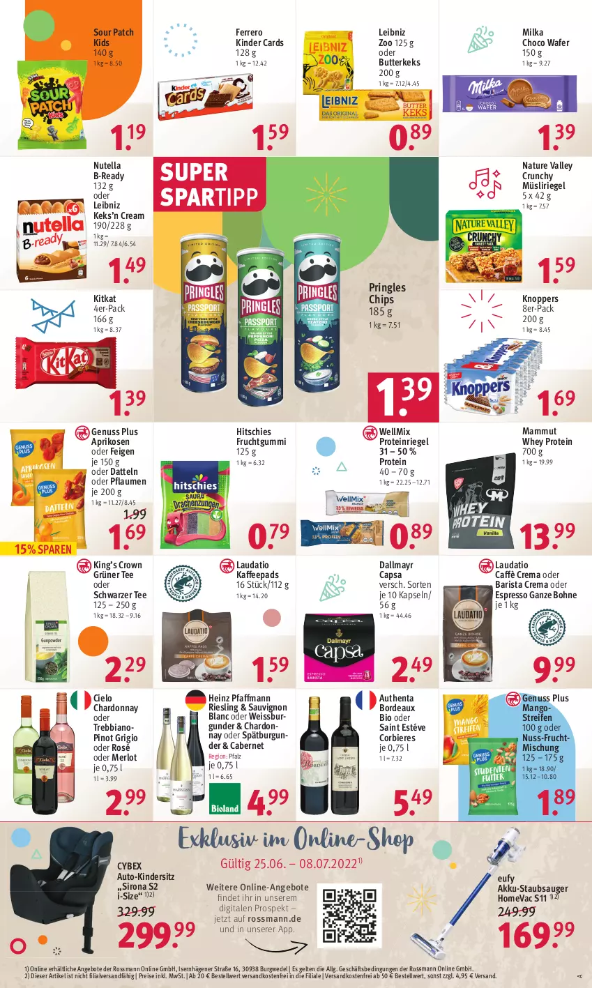 Aktueller Prospekt Rossmann - Prospekte - von 27.06 bis 01.07.2022 - strona 16 - produkty: akku, Akku-Staubsauger, angebot, angebote, aprikose, aprikosen, auto, bier, Biere, bio, bohne, burgunder, butter, butterkeks, cabernet, caffè crema, Cap, chardonnay, chips, dallmayr, dallmayr capsa, Datteln, eis, espresso, Feigen, ferrero, frucht, fruchtgummi, grüner tee, heinz, kaffee, kaffeepads, keks, Kinder, Kindersitz, kitkat, knoppers, leibniz, LG, mam, mango, mangos, merl, merlot, milka, müsli, Müsliriegel, natur, ndk, nuss, nutella, oder espresso, pflaume, pflaumen, Pinot, pinot grigio, pringles, reifen, reis, riegel, riesling, ring, sauvignon, sauvignon blanc, schwarzer tee, spartipp, spätburgunder, staubsauger, tee, Ti, versandkostenfrei, wedel