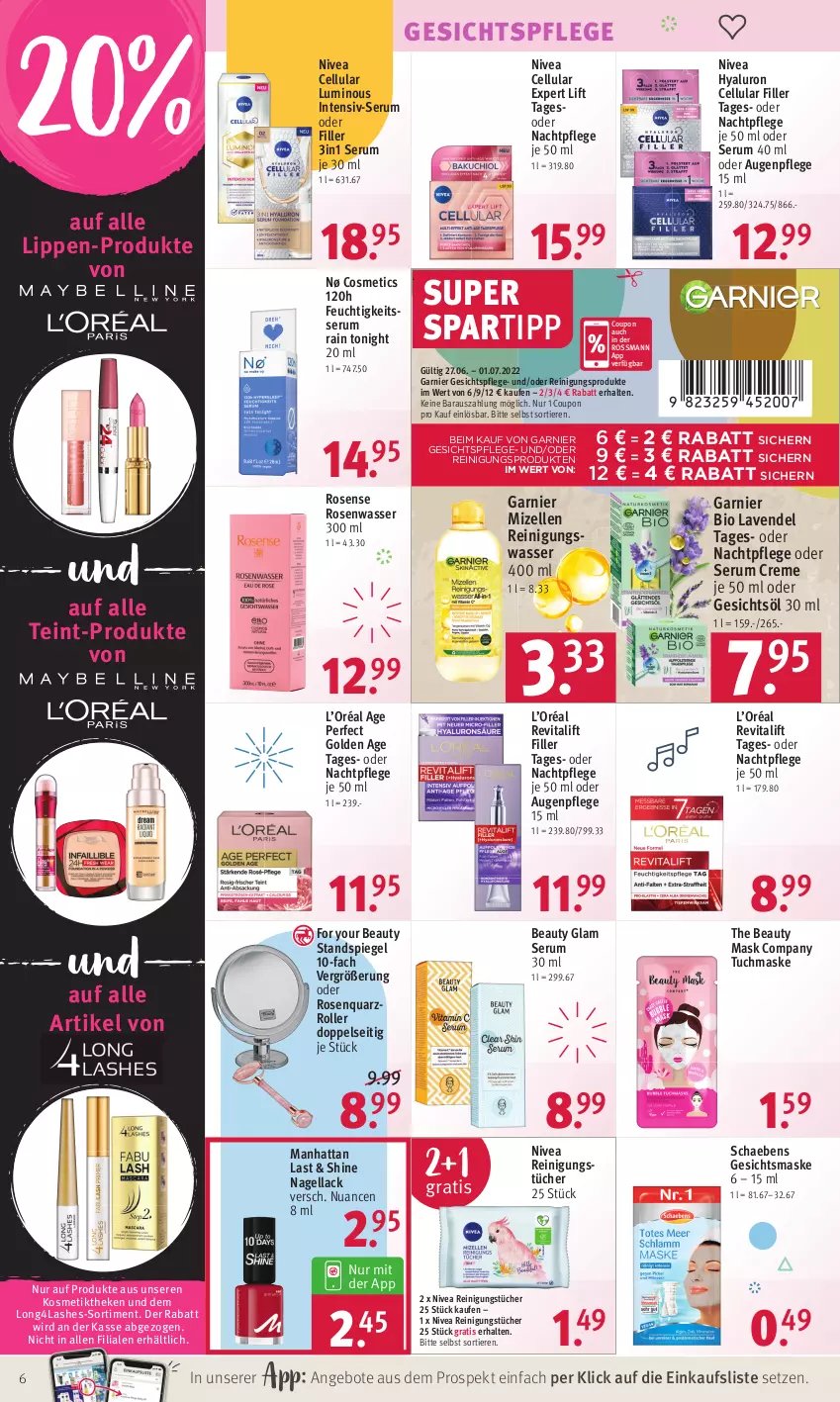 Aktueller Prospekt Rossmann - Prospekte - von 27.06 bis 01.07.2022 - strona 6 - produkty: angebot, angebote, Augenpflege, bio, cellular filler, coupon, creme, elle, For Your Beauty, garnier, Gesichtsmaske, Gesichtsöl, gesichtspflege, gsw, hyaluron, kosmetik, lack, lavendel, Maske, mizellen, Mizellen Reinigungswasser, nachtpflege, Nagellack, nivea, Nuance, Reinigung, reinigungstücher, Revital, revitalift, Roller, rosen, Rosenwasser, rum, Schaebens, Serum, spartipp, spiegel, Standspiegel, Ti, Tiere, tuc, tücher, tuchmaske, vita, wasser, Yo