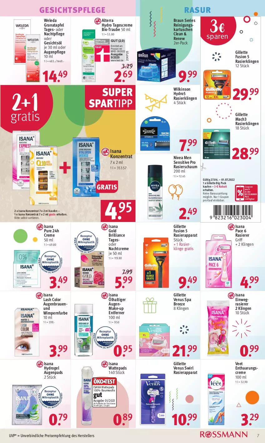 Aktueller Prospekt Rossmann - Prospekte - von 27.06 bis 01.07.2022 - strona 7 - produkty: alterra, apfel, Augenpflege, Bau, baumwolle, bio, braun, bree, coupon, creme, einwegrasierer, eis, elle, Gesichtsöl, gesichtspflege, gillette, gillette venus, grana, granatapfel, isana, mac, mach3, Make-up, nachtcreme, nachtpflege, nivea, Nivea Men, Rana, rasierapparat, rasierer, Rasierklinge, rasierklingen, Rasierschaum, Reinigung, reis, sana, spartipp, swirl, tagescreme, teller, Ti, Tiere, veet, venus, wattepads, weleda, wilkinson, wolle