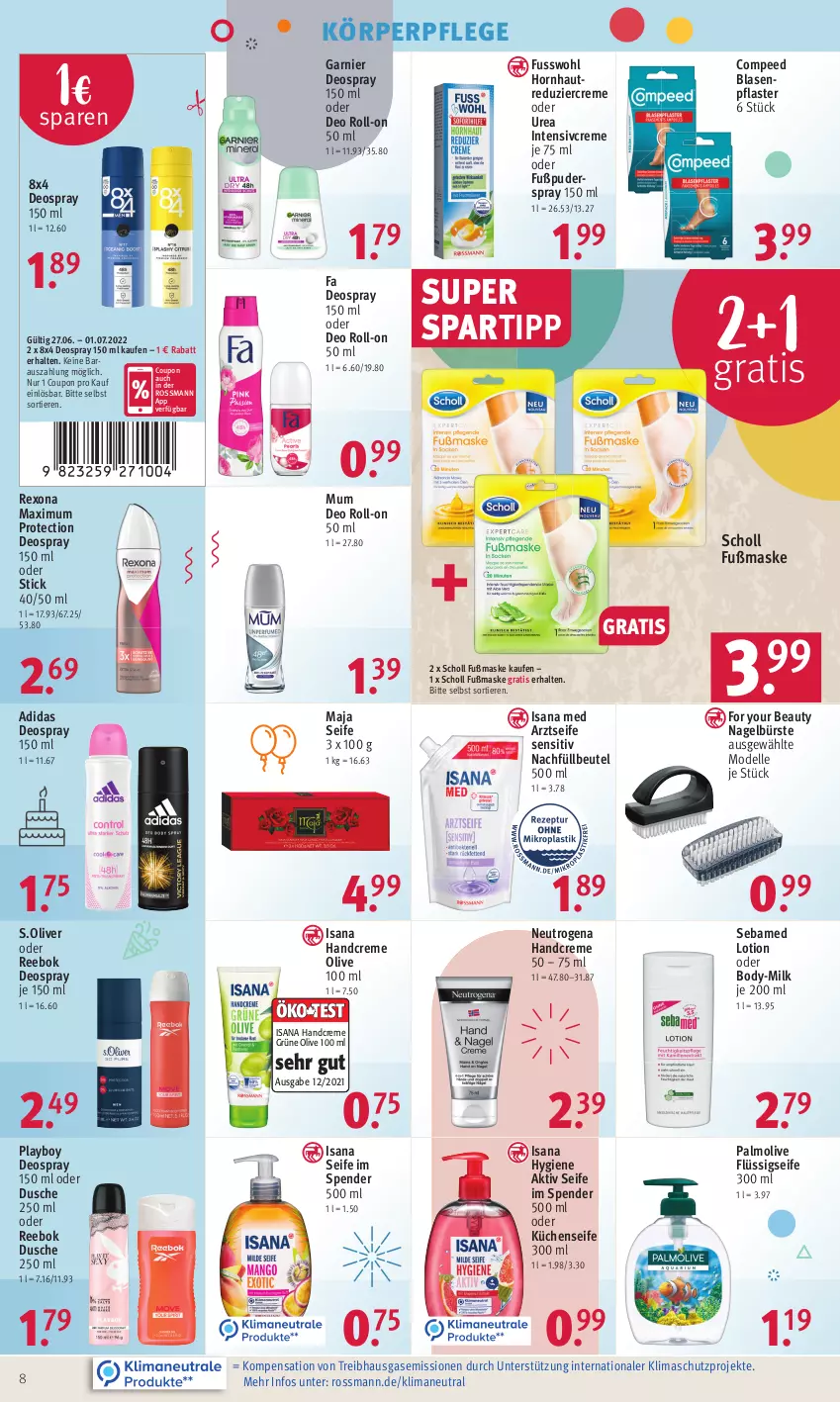 Aktueller Prospekt Rossmann - Prospekte - von 27.06 bis 01.07.2022 - strona 8 - produkty: Adidas, Arztseife, beutel, Blasenpflaster, body, bürste, Compeed, coupon, creme, dell, deo, deo roll-on, deospray, deospray 150 ml, dusche, elle, flüssigseife, For Your Beauty, Fusswohl, garnier, handcreme, isana, körperpflege, küche, Küchen, Küchenseife, Lotion, Maske, Mode, neutrogena, oder deo roll-on, olive, palmolive, pflaster, Playboy, Reebok, rexona, roll-on, s.oliver, sana, scholl, sebamed, Seife, spartipp, Ti, Tiere, Yo