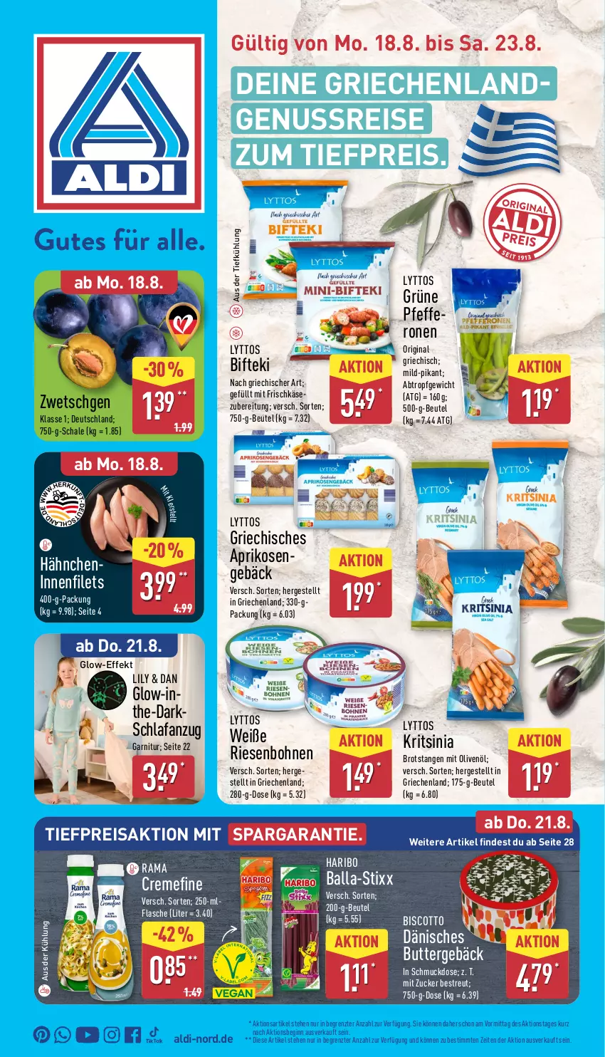 Aktueller Prospekt Aldi Nord - Von Montag - von 18.08 bis 23.08.2025 - strona 1 - produkty: aldi, Anzug, aprikose, aprikosen, aus der tiefkühlung, ball, beutel, Bifteki, biscotto, bohne, bohnen, brot, butter, creme, eis, filet, filets, flasche, frischkäse, garnitur, gin, haribo, Käse, nuss, olive, oliven, olivenöl, rama, reis, Schal, Schale, Schlafanzug, Schmuck, Ti, tiefpreis, ZTE, zucker