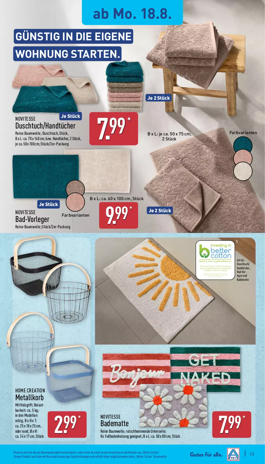 Aktueller Prospekt Aldi Nord - Von Montag - von 18.08 bis 23.08.2025 - strona 13 - produkty: Bad, badematte, Bau, baumwolle, bett, dell, duschtuch, eis, elle, handtücher, Holz, korb, Mode, reine baumwolle, Ria, rwe, Ti, tuc, tücher, wolle