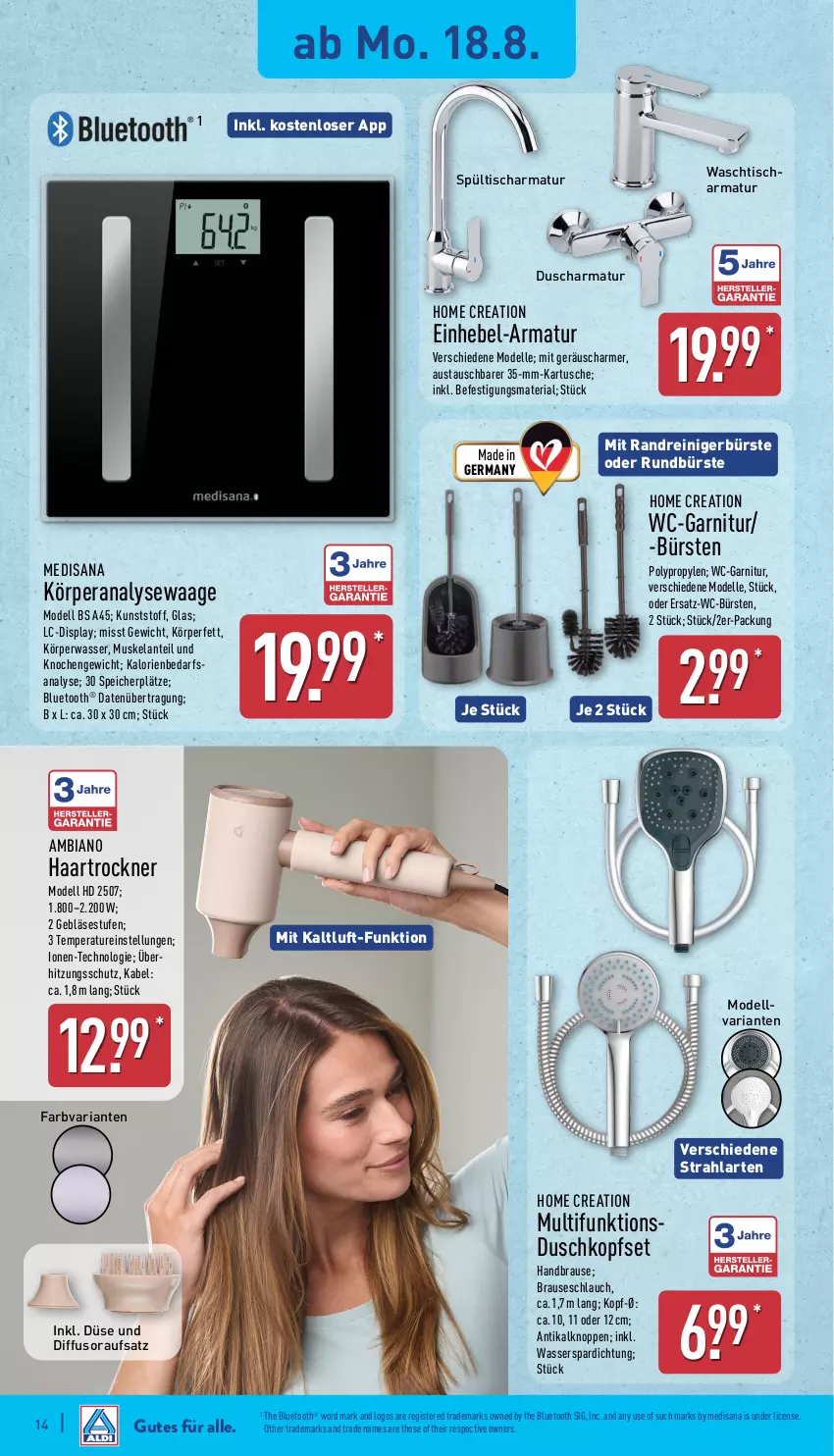 Aktueller Prospekt Aldi Nord - Von Montag - von 18.08 bis 23.08.2025 - strona 14 - produkty: ambia, Analysewaage, armatur, aust, brause, brauseschlauch, bürste, bürsten, dell, elle, garnitur, Germ, haartrockner, handbrause, hose, isana, medisana, Mode, Rana, reiniger, Ria, Rundbürste, sana, schlauch, Spültischarmatur, Ti, tisch, Trockner, Waage, waschtisch, waschtischarmatur, wasser