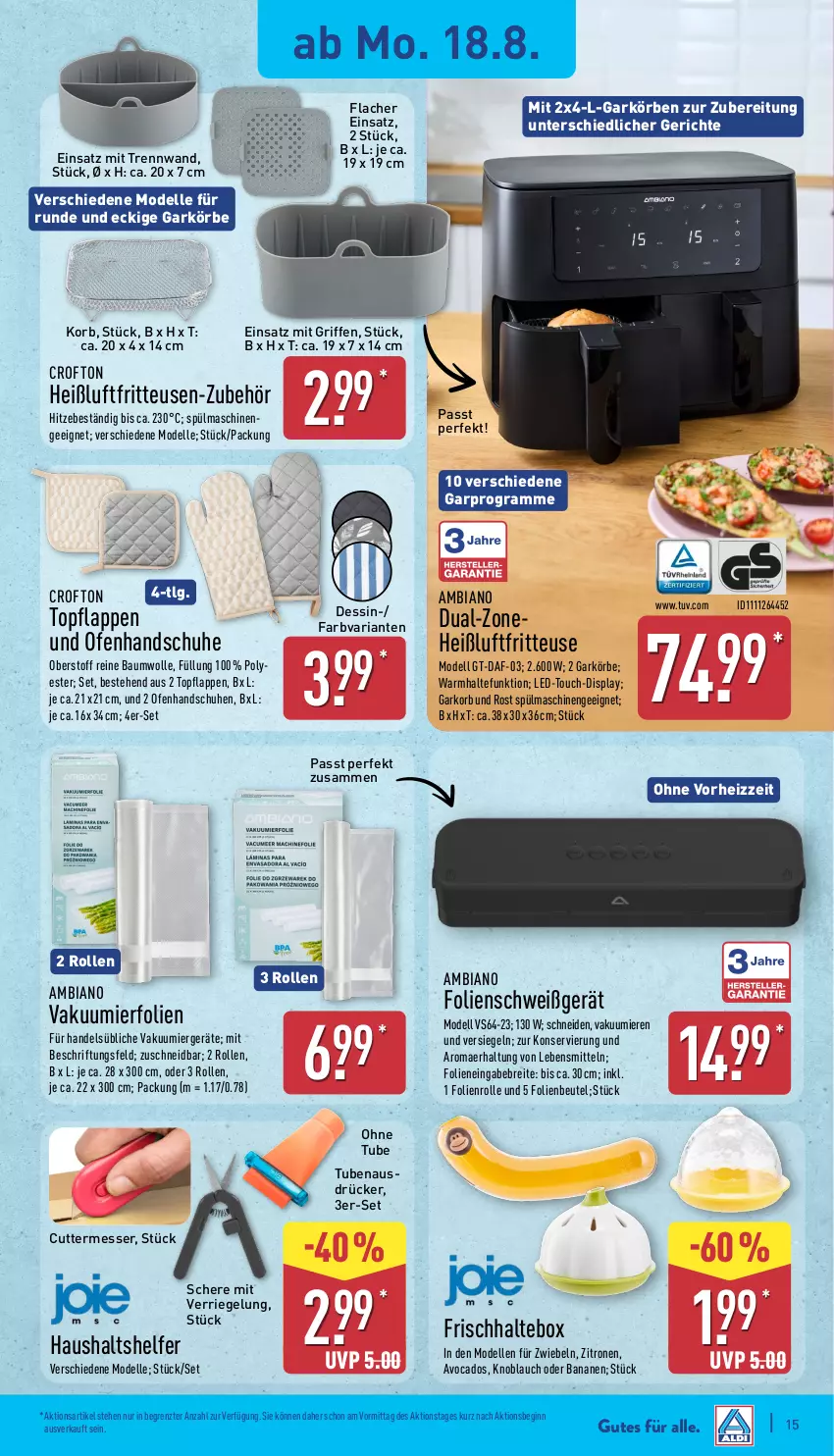 Aktueller Prospekt Aldi Nord - Von Montag - von 18.08 bis 23.08.2025 - strona 15 - produkty: ambia, avocado, avocados, banane, bananen, Bau, baumwolle, beutel, Brei, Crofton, dell, elle, fritteuse, gin, handschuhe, Heißluftfritteuse, knoblauch, korb, lebensmittel, LG, messer, Mode, Ofen, reine baumwolle, Ria, riegel, Schere, schuhe, spülmaschinen, Ti, topf, wolle, zitrone, zitronen, ZTE, zwiebel, zwiebeln
