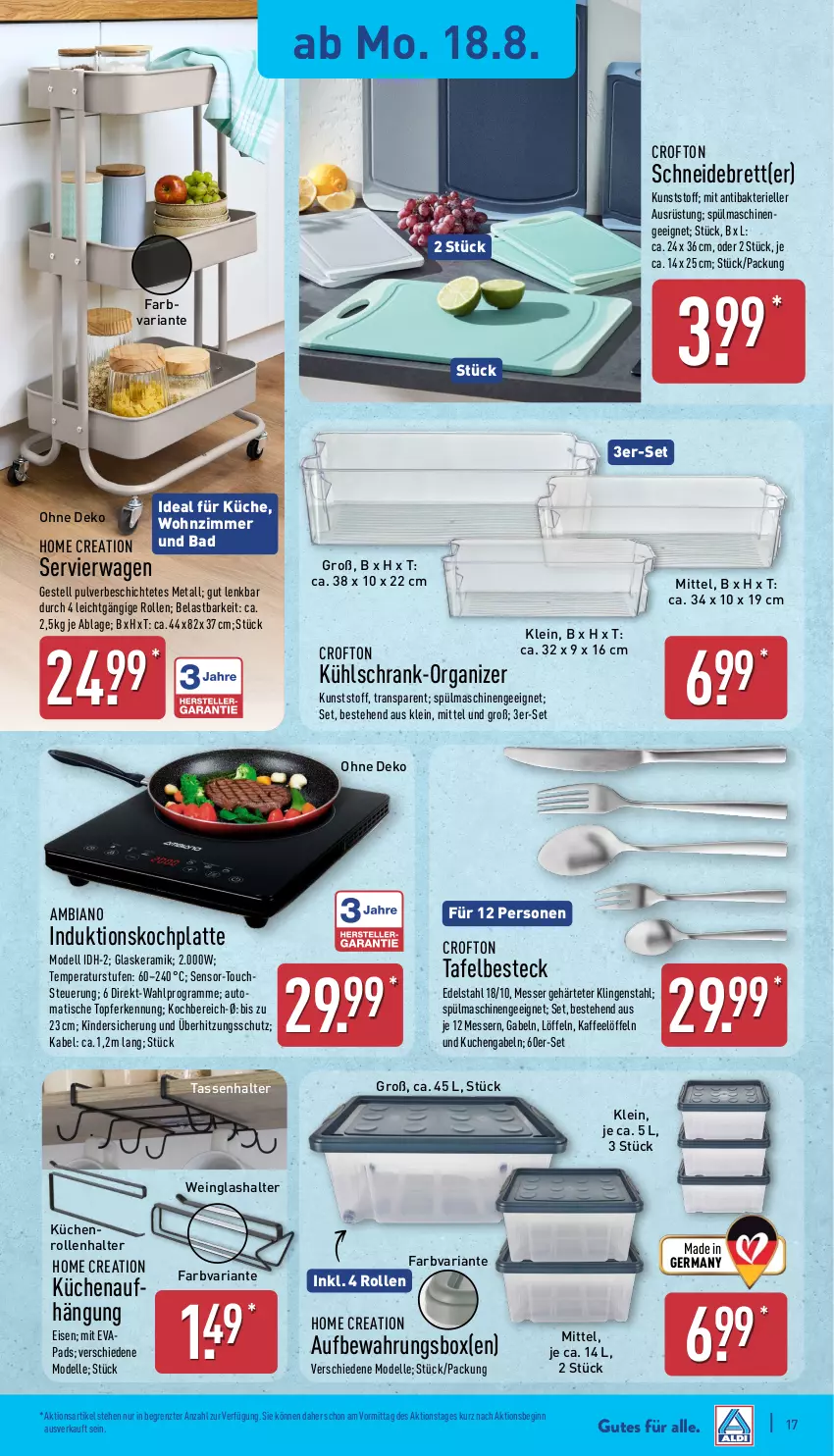 Aktueller Prospekt Aldi Nord - Von Montag - von 18.08 bis 23.08.2025 - strona 17 - produkty: ambia, aufbewahrungsbox, auto, Bad, besteck, Crofton, dell, edelstahl, eis, elle, gabel, Germ, gin, glaskeramik, HP, kaffee, Kinder, küche, Küchen, kuchen, küchenrolle, küchenrollen, kühlschrank, latte, Löffel, messer, Mode, Ria, schneidebrett, Schrank, Servierwagen, spülmaschinen, tasse, Ti, tisch, topf, überhitzungsschutz, wein, ZTE