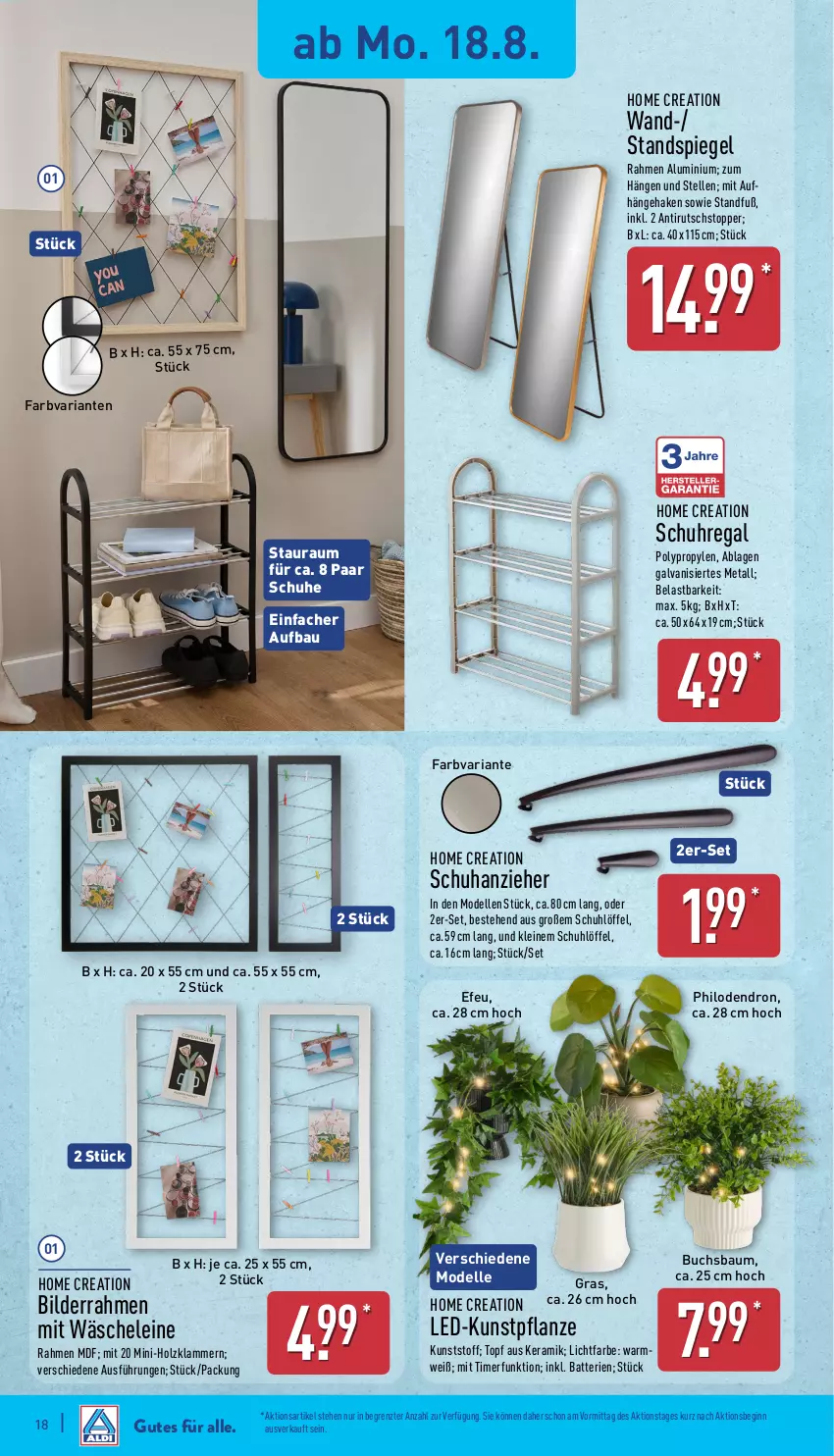 Aktueller Prospekt Aldi Nord - Von Montag - von 18.08 bis 23.08.2025 - strona 18 - produkty: batterie, batterien, Bau, bilderrahmen, buch, dell, elle, gin, Holz, Klammern, Kunstpflanze, lamm, leine, Löffel, Mode, paar schuhe, pflanze, regal, Ria, schuhe, schuhregal, spiegel, Standspiegel, Ti, timer, topf, topper, uhr, ZTE