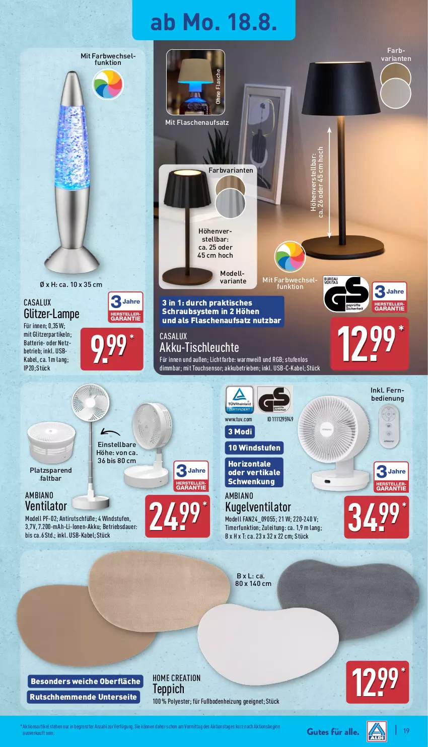 Aktueller Prospekt Aldi Nord - Von Montag - von 18.08 bis 23.08.2025 - strona 19 - produkty: akku, ambia, auer, batterie, dell, fernbedienung, flasche, gin, Kugel, Lampe, Leuchte, Mode, Ria, teppich, Ti, timer, tisch, tischleuchte, usb, ventilator, ZTE