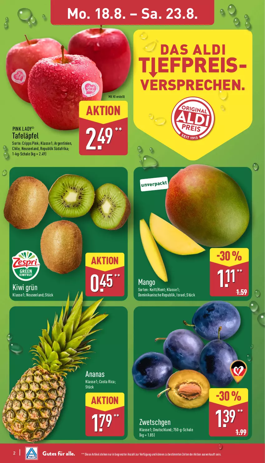 Aktueller Prospekt Aldi Nord - Von Montag - von 18.08 bis 23.08.2025 - strona 2 - produkty: aldi, ananas, eis, Elan, kiwi, mango, Pink Lady, reis, Schal, Schale, tafeläpfel, Ti, ZTE