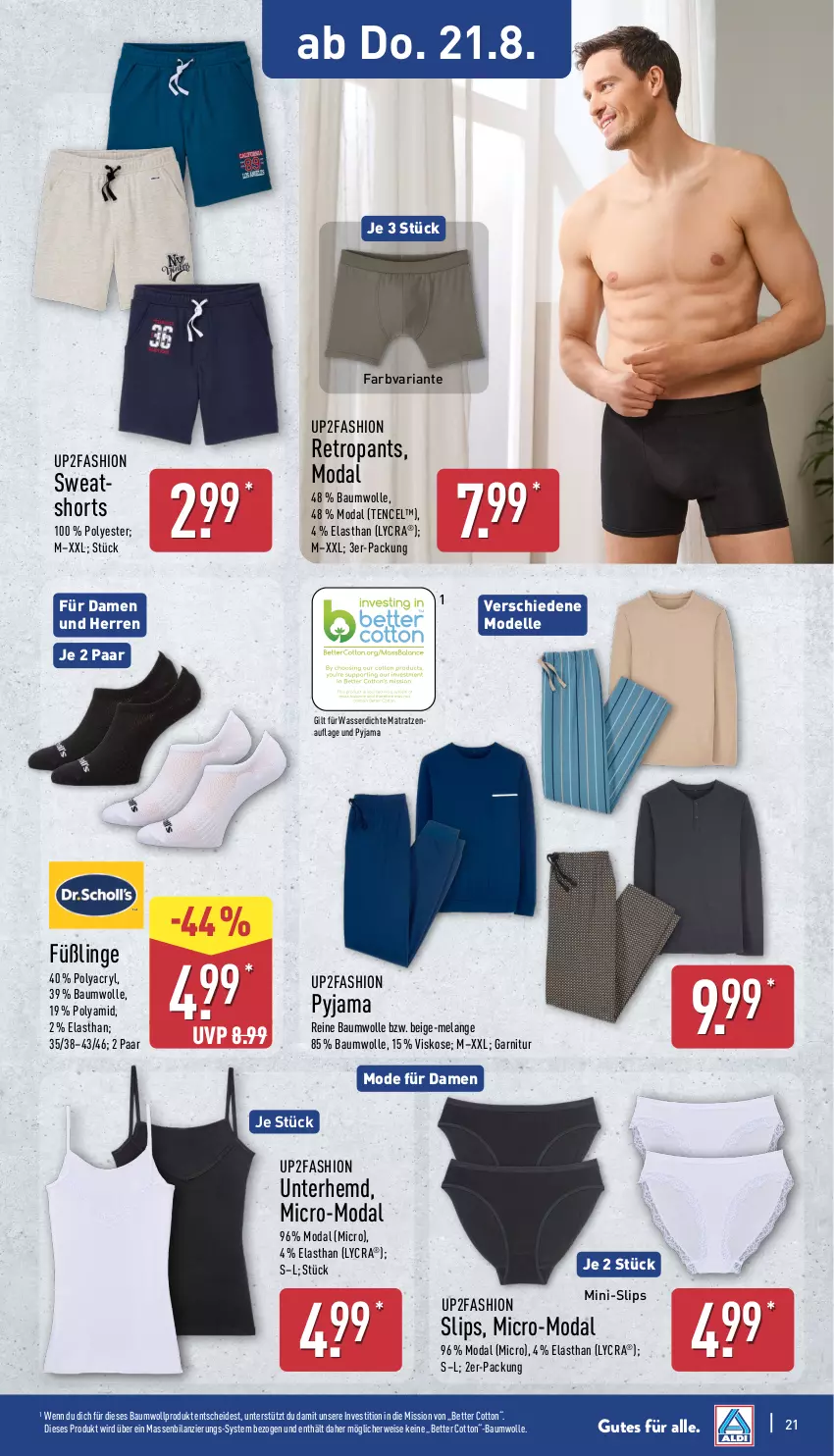 Aktueller Prospekt Aldi Nord - Von Montag - von 18.08 bis 23.08.2025 - strona 21 - produkty: Bau, baumwolle, bett, dell, eis, Elan, elle, Füßlinge, garnitur, hemd, matratze, matratzen, Mode, Pants, Pyjama, reine baumwolle, Retropants, Ria, rwe, shorts, slip, slips, Ti, Unterhemd, up2fashion, wasser, wolle