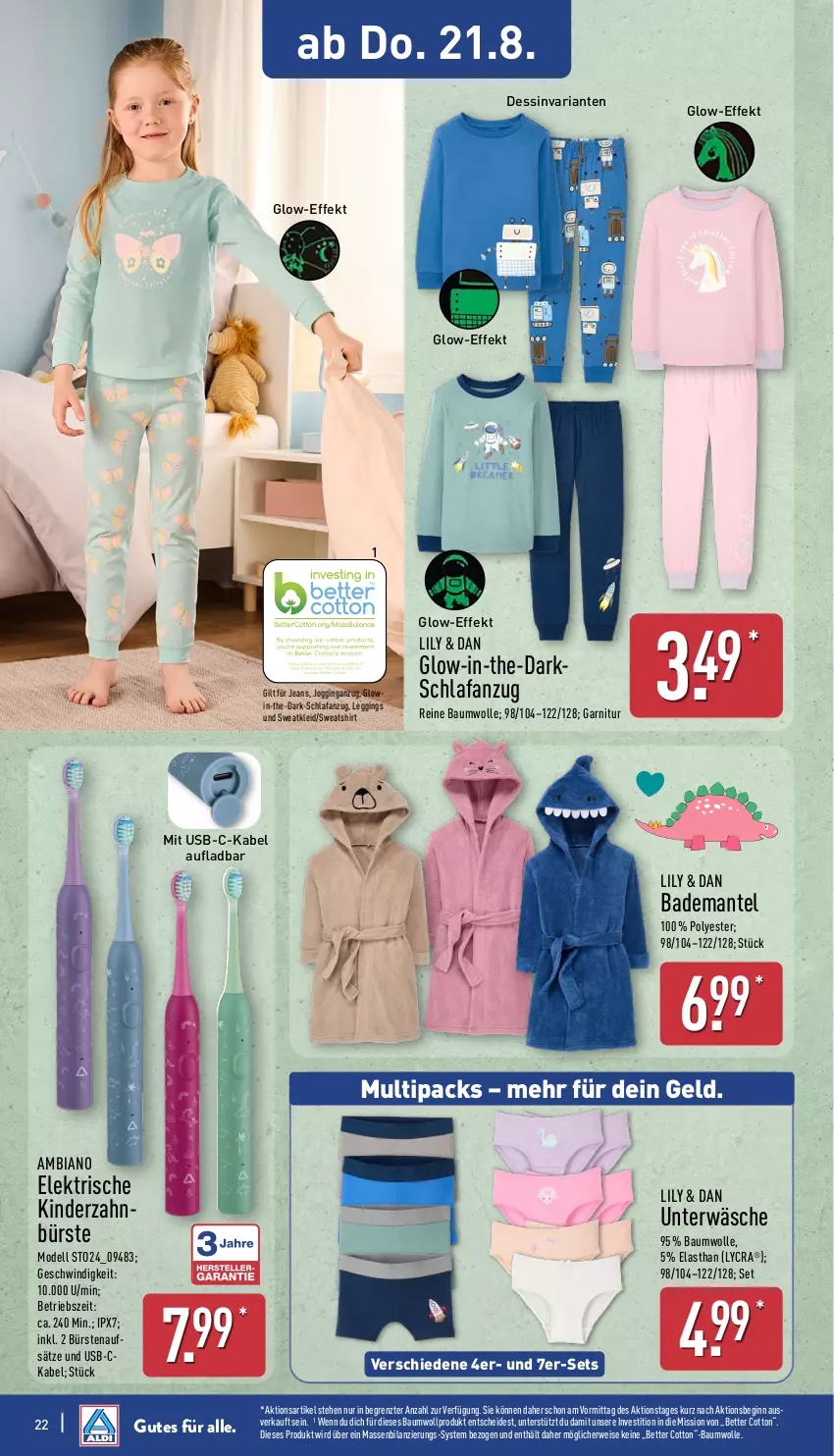 Aktueller Prospekt Aldi Nord - Von Montag - von 18.08 bis 23.08.2025 - strona 22 - produkty: ambia, Anzug, Bad, Bademantel, Bau, baumwolle, bett, bürste, bürsten, dell, eis, garnitur, gin, jeans, Kinder, kleid, leggings, Mantel, Mode, reine baumwolle, Ria, rwe, Schlafanzug, shirt, Sweatkleid, Sweatshirt, Ti, Unterwäsche, usb, wolle, ZTE