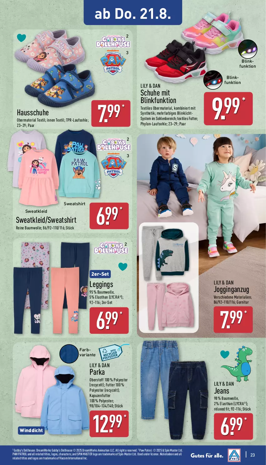 Aktueller Prospekt Aldi Nord - Von Montag - von 18.08 bis 23.08.2025 - strona 23 - produkty: Anzug, axe, Bau, baumwolle, deo, garnitur, gin, Hausschuhe, Hylo, jeans, kleid, leggings, paar schuhe, Parka, Paw Patrol, reine baumwolle, rel, Ria, schuhe, shirt, Sweatkleid, Sweatshirt, Ti, wolle