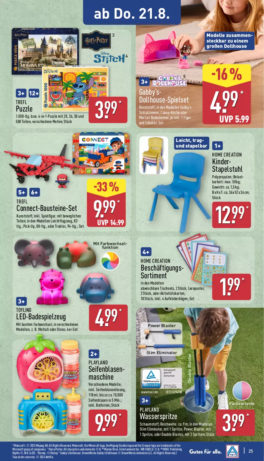 Aktueller Prospekt Aldi Nord - Von Montag - von 18.08 bis 23.08.2025 - strona 25 - produkty: Aufkleber, aust, Bad, batterie, batterien, Bau, dell, disney, elle, ente, Kinder, kleber, küche, LG, Mode, netflix, Puzzle, Ria, Seife, spielzeug, stapelstuhl, stuhl, Ti, tisch, Tischset, wasser, Wasserspritze