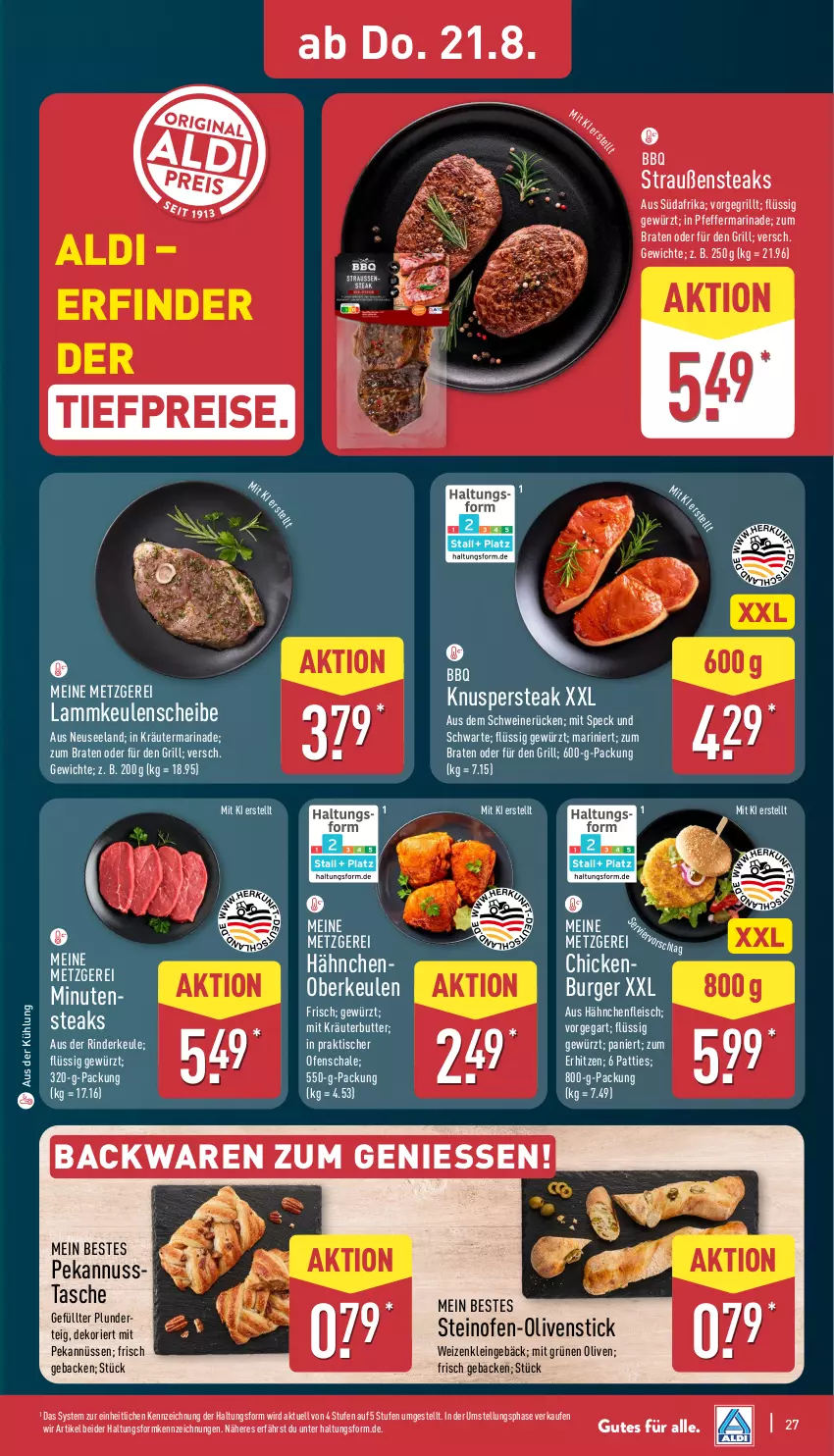 Aktueller Prospekt Aldi Nord - Von Montag - von 18.08 bis 23.08.2025 - strona 27 - produkty: aldi, backwaren, braten, burger, butter, eis, Elan, fleisch, geback, gewürz, grill, Hähnchenfleisch, kräuter, kräuterbutter, lamm, lammkeule, marinade, nuss, Ofen, olive, oliven, pfeffer, Plunder, reis, rind, rinder, Rinderkeule, Schal, Schale, schwein, schweine, schweinerücken, Speck, steak, steaks, steinofen, Tasche, Ti, tiefpreis, tisch, wein, weine