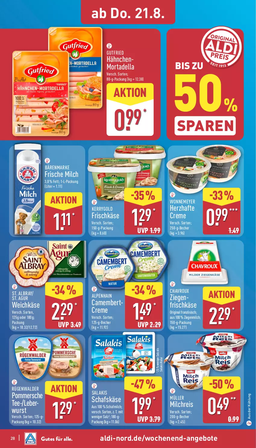 Aktueller Prospekt Aldi Nord - Von Montag - von 18.08 bis 23.08.2025 - strona 28 - produkty: albray, aldi, Alpenhain, angebot, angebote, bärenmarke, Becher, camembert, chavroux, creme, dell, eis, frische milch, frischkäse, gin, gutfried, Käse, kerrygold, milch, milchreis, mortadella, Müller, natur, Pommersche, reis, rügenwalder, salakis, salz, schafskäse, St. Albray, tee, Ti, weichkäse, wurst