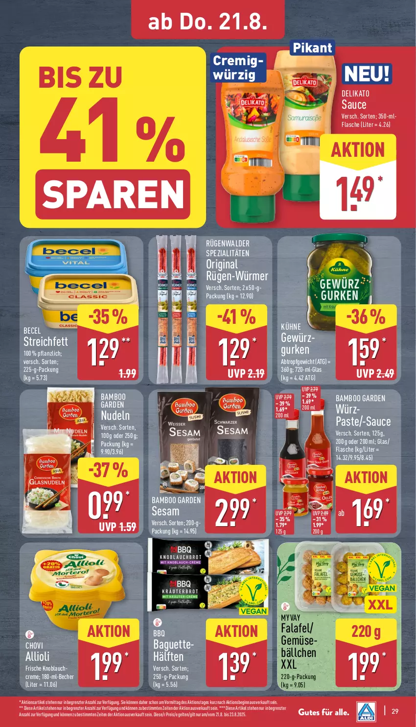 Aktueller Prospekt Aldi Nord - Von Montag - von 18.08 bis 23.08.2025 - strona 29 - produkty: allioli, baguette, bamboo, becel, Becher, chovi, creme, eis, Falafel, flasche, gewürz, gin, gurke, gurken, knoblauch, Kühne, nudel, nudeln, reis, rügenwalder, sauce, sesam, Spezi, Ti, ZTE