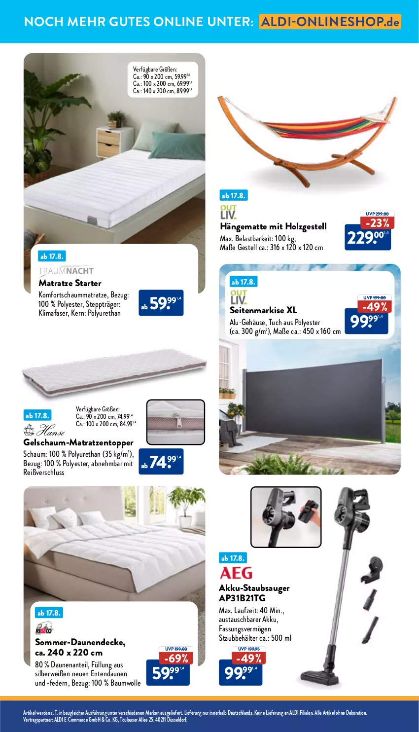 Aktueller Prospekt Aldi Nord - Von Montag - von 18.08 bis 23.08.2025 - strona 33 - produkty: akku, Akku-Staubsauger, aldi, alle artikel ohne dekoration, aust, Bau, baumwolle, Behälter, decke, dekoration, ente, erde, hängematte, Holz, komfortschaummatratze, matratze, matratzen, Matratzentopper, rwe, Schaummatratze, Seitenmarkise, staubsauger, Ti, topper, tuc, wolle