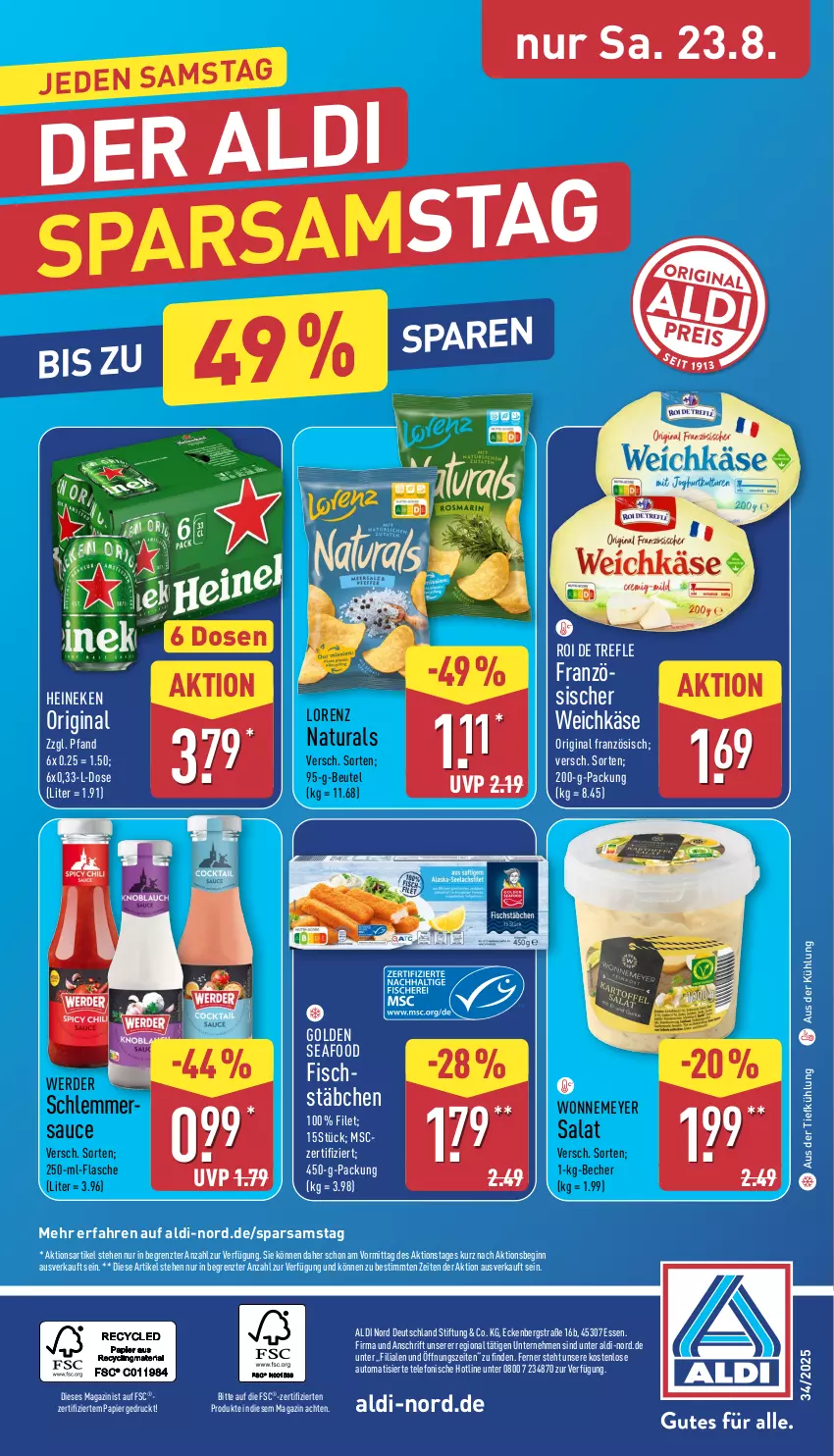 Aktueller Prospekt Aldi Nord - Von Montag - von 18.08 bis 23.08.2025 - strona 36 - produkty: aldi, aus der tiefkühlung, auto, Becher, beutel, erde, filet, fisch, flasche, gin, heineken, Käse, lorenz, magazin, natur, natura, papier, salat, sauce, telefon, Ti, weichkäse, ZTE