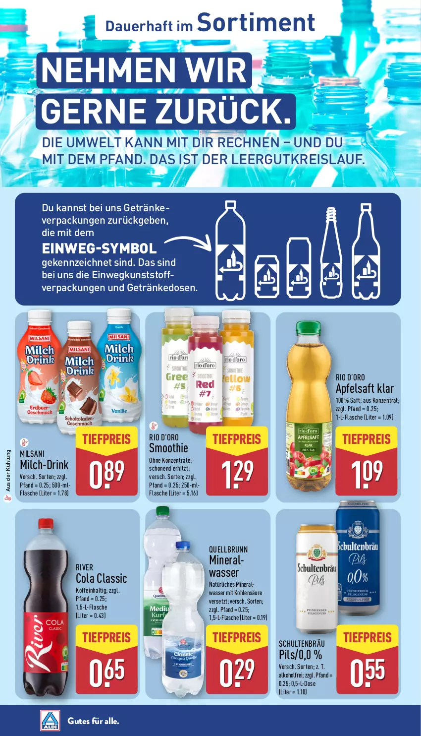Aktueller Prospekt Aldi Nord - Von Montag - von 18.08 bis 23.08.2025 - strona 37 - produkty: alkohol, apfel, apfelsaft, auer, cola, drink, eis, flasche, getränk, getränke, milch, pils, Quellbrunn, reis, saft, smoothie, Ti, tiefpreis, wasser