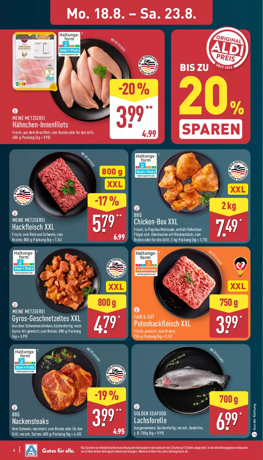 Aktueller Prospekt Aldi Nord - Von Montag - von 18.08 bis 23.08.2025 - strona 4 - produkty: braten, brustfilet, eis, elle, filet, filets, fleisch, forelle, geschnetzeltes, gewürz, grill, gyros, hackfleisch, Hähnchen-Innenfilets, küche, Küchen, lachs, marinade, Nackensteak, nackensteaks, paprika, pute, Putenhackfleisch, rel, rind, schinken, schwein, schweine, steak, steaks, Ti, wein, weine, Zelt