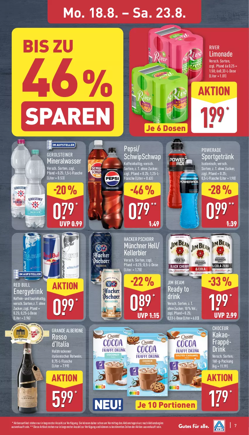 Aktueller Prospekt Aldi Nord - Von Montag - von 18.08 bis 23.08.2025 - strona 7 - produkty: Alwa, bier, drink, elle, flasche, frappé, gerolsteine, gerolsteiner, getränk, gin, hacker pschorr, jim beam, kakao, kellerbier, limo, limonade, mineralwasser, pepsi, red bull, rotwein, Sport, steiner, teller, Ti, wasser, wein, ZTE, zucker
