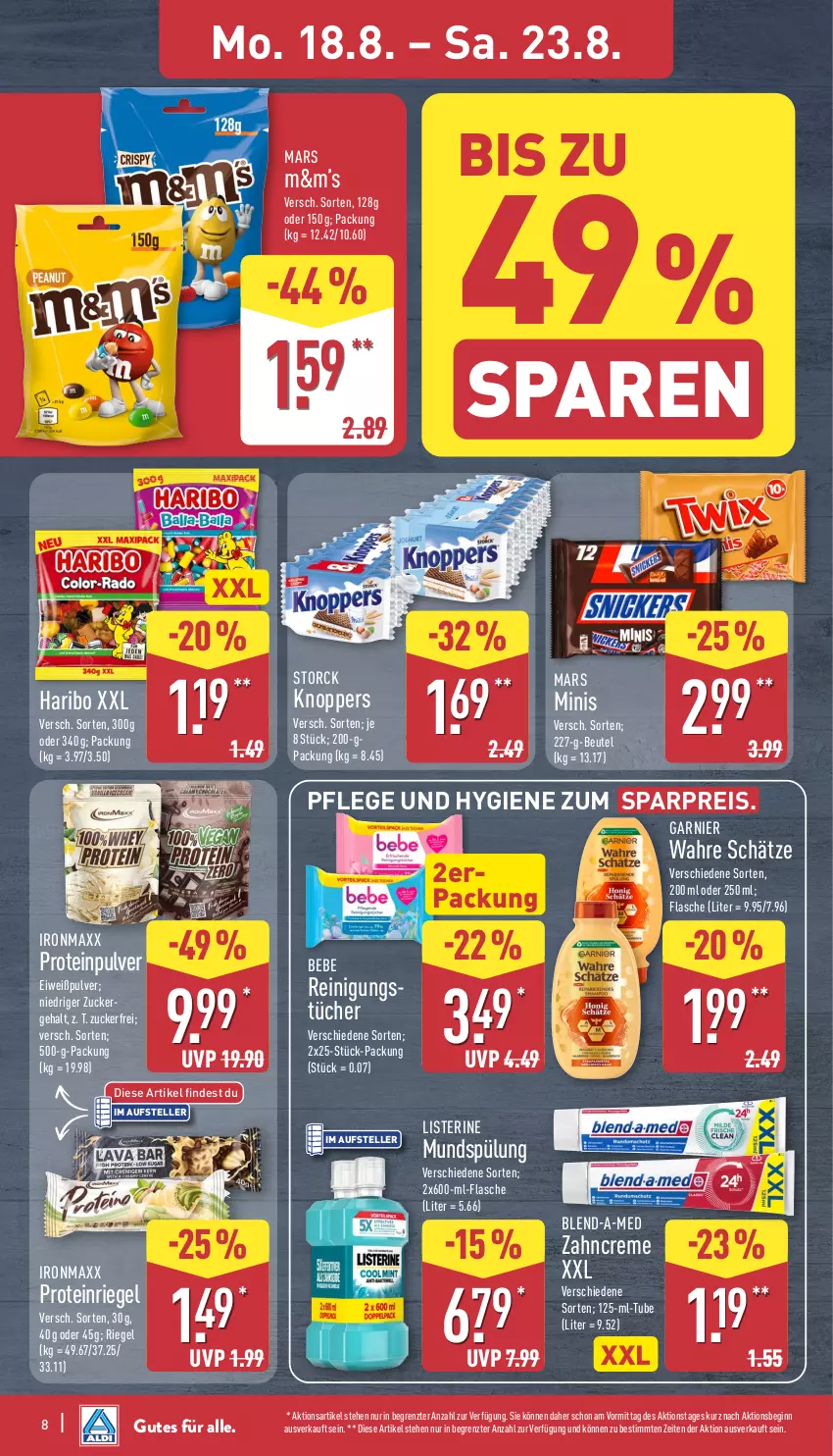Aktueller Prospekt Aldi Nord - Von Montag - von 18.08 bis 23.08.2025 - strona 8 - produkty: Bebe, beutel, blend-a-med, creme, eis, elle, flasche, garnier, gin, haribo, knoppers, listerine, mars, mundspülung, Reinigung, reis, riegel, spülung, storck, teller, Ti, tücher, Wahre Schätze, zahncreme, ZTE, zucker