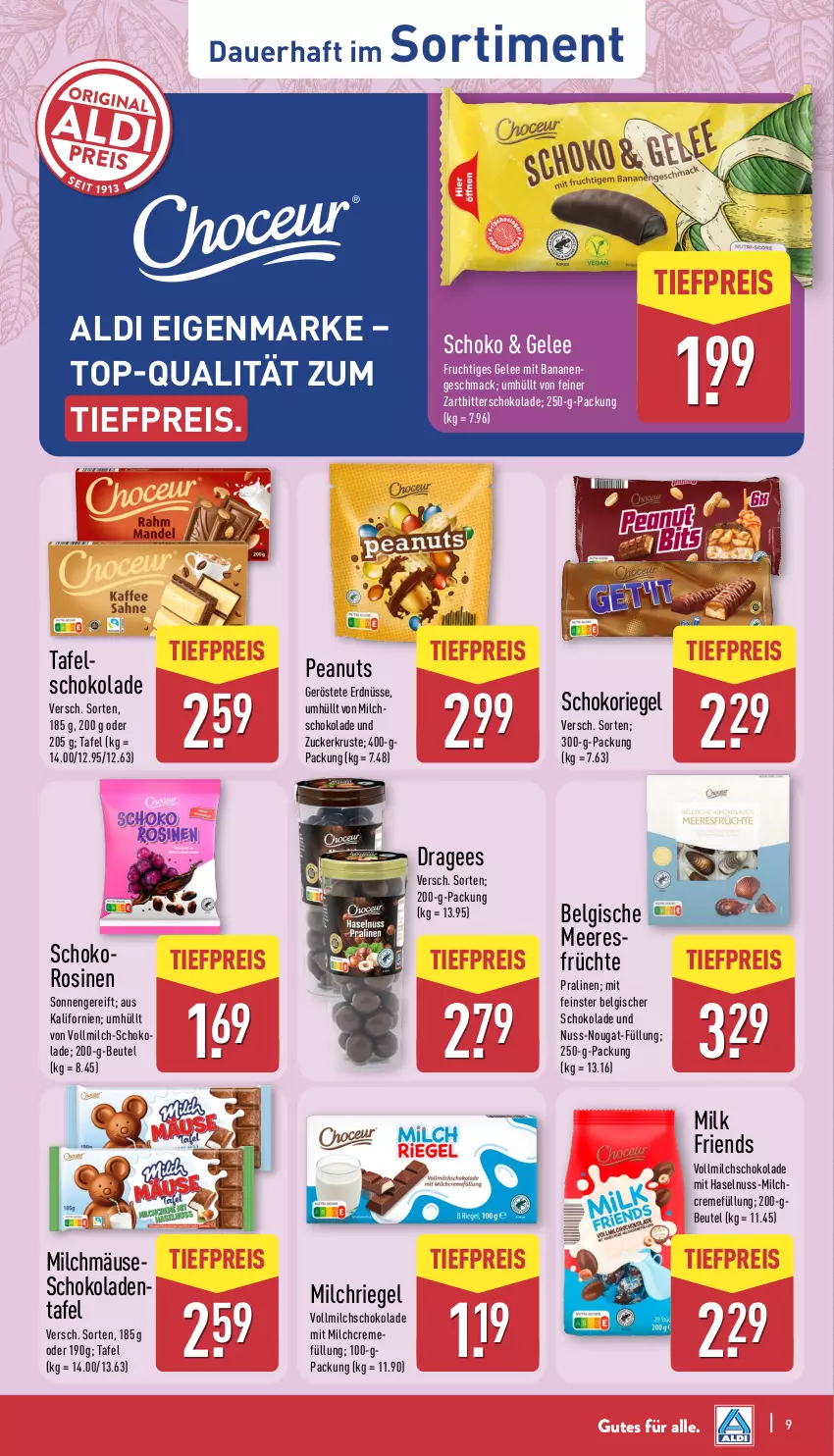 Aktueller Prospekt Aldi Nord - Von Montag - von 18.08 bis 23.08.2025 - strona 9 - produkty: aldi, auer, banane, bananen, beutel, creme, eis, erdnüsse, frucht, früchte, gelee, haselnuss, LG, mac, milch, nuss, pralinen, reis, riegel, schoko, schokolade, schokoladen, schokoriegel, Ti, tiefpreis, vollmilch, Zartbitterschokolade, zucker