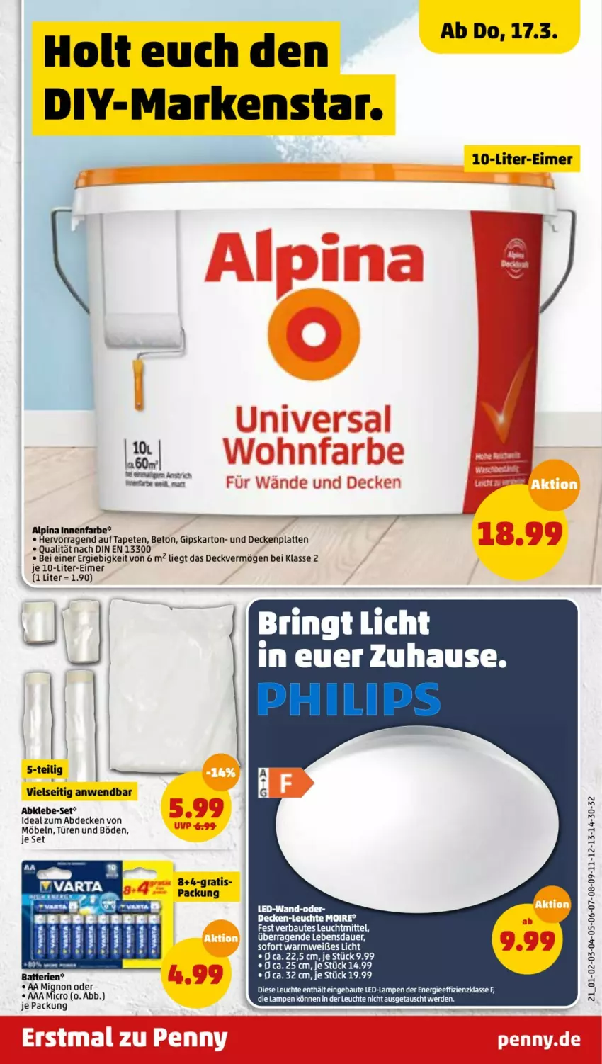 Aktueller Prospekt Penny - Prospekte - von 14.03 bis 19.03.2022 - strona 21 - produkty: alpina, auer, batterie, batterien, Bau, decke, eimer, erde, innenfarbe, Lampe, latte, Leuchte, möbel, Tapete, Tapeten, Ti