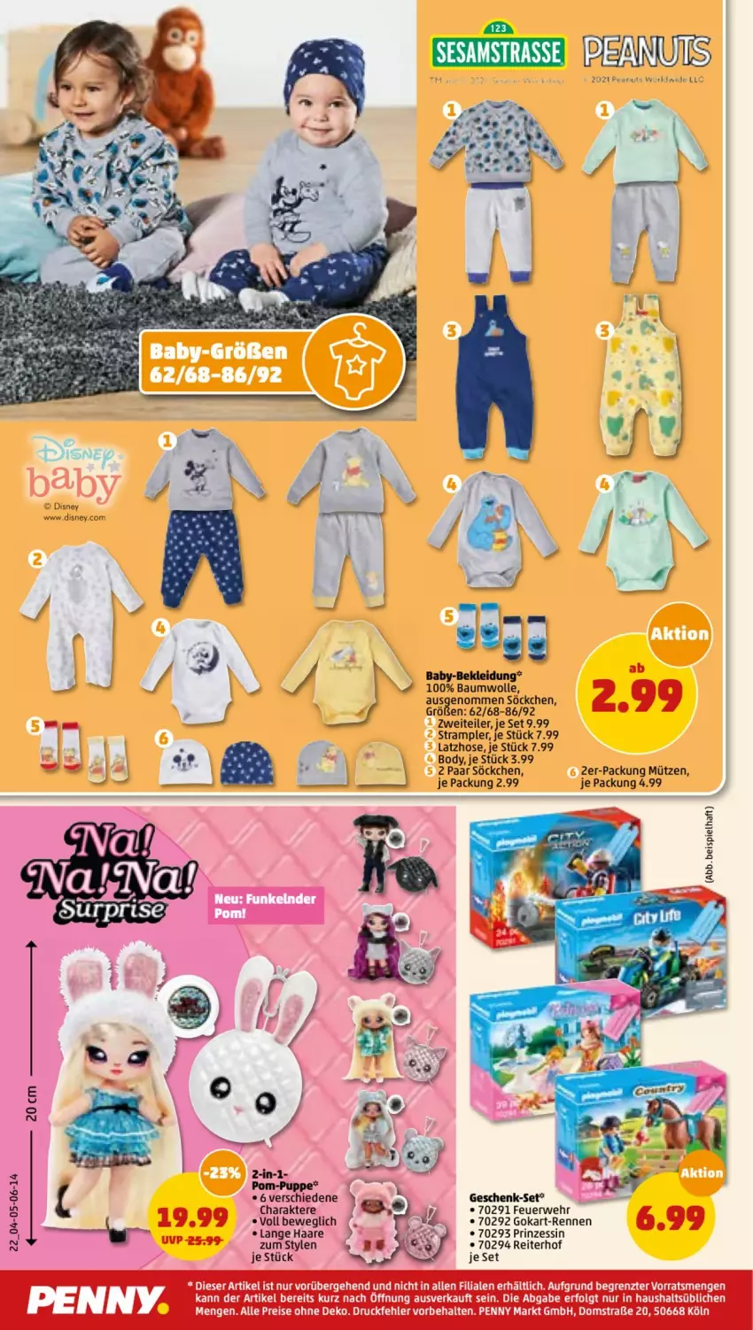 Aktueller Prospekt Penny - Prospekte - von 14.03 bis 19.03.2022 - strona 22 - produkty: Bau, baumwolle, body, disney, eis, hose, kleid, Kleidung, Latzhose, LG, Mütze, Puppe, reis, rwe, sesam, söckchen, Strampler, Ti, wolle, ZTE