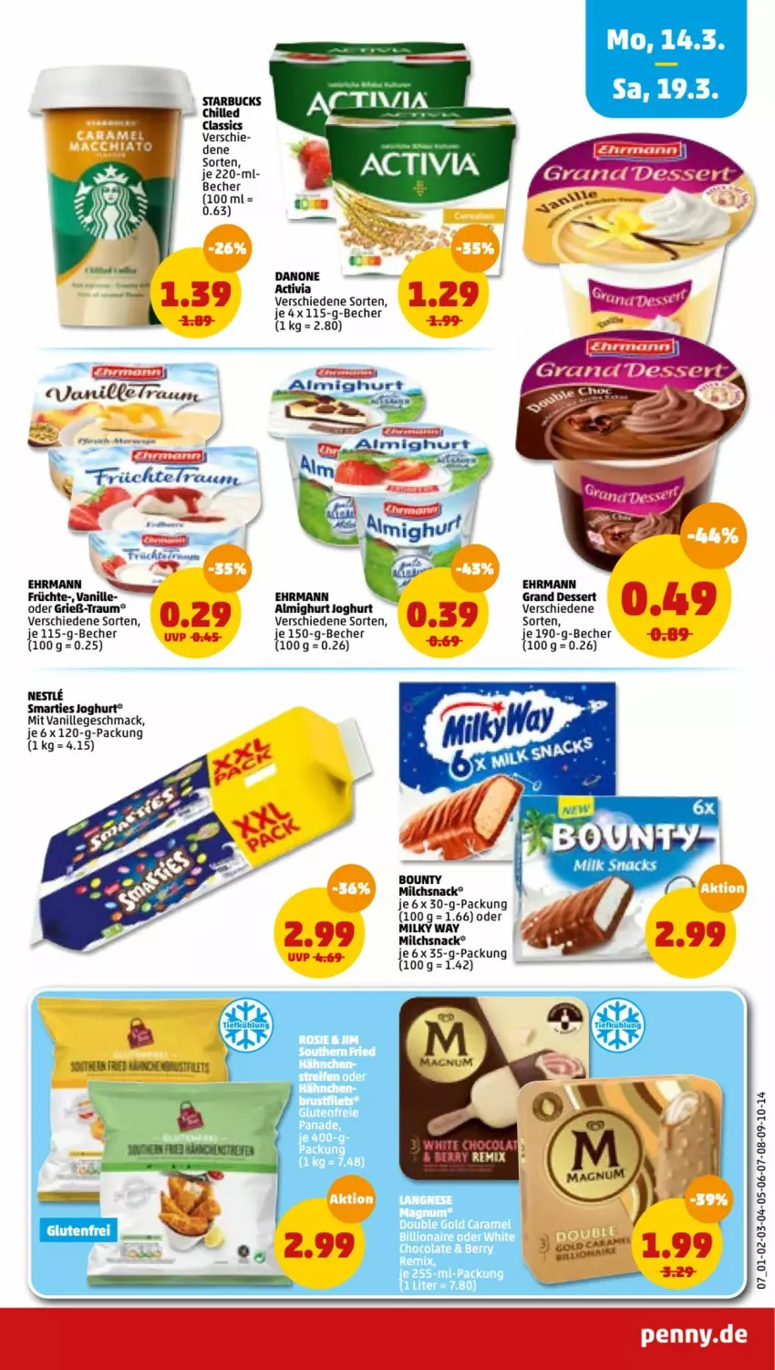 Aktueller Prospekt Penny - Prospekte - von 14.03 bis 19.03.2022 - strona 7 - produkty: activia, almighur, almighurt, Becher, bounty, dessert, ehrmann, Ehrmann Grand Dessert, früchte, joghur, joghurt, mac, milch, milky way, smarties, snack, starbucks, Ti, vanille