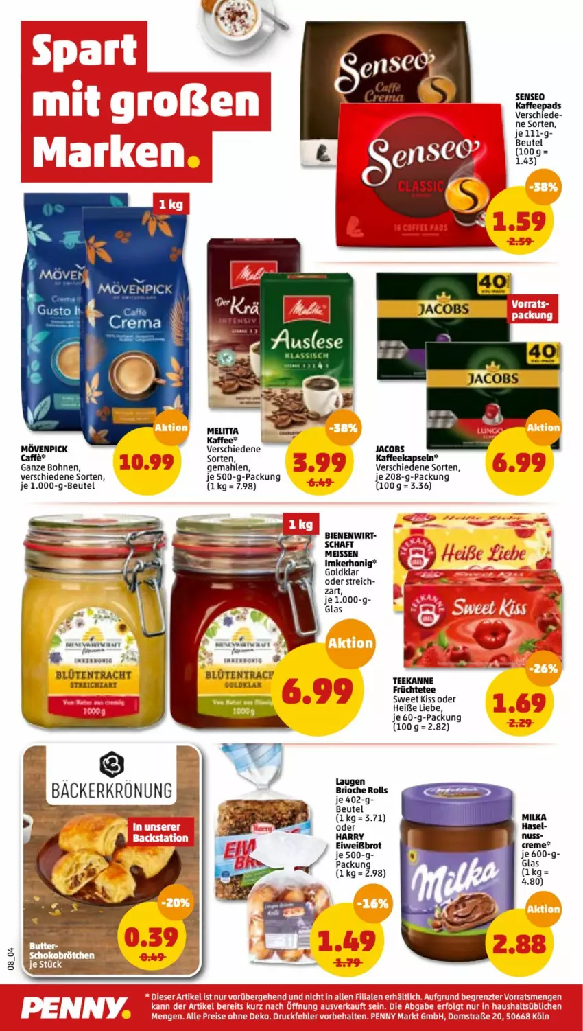 Aktueller Prospekt Penny - Prospekte - von 14.03 bis 19.03.2022 - strona 8 - produkty: Bau, bett, beutel, Blüte, bohne, bohnen, brot, caffe, chia, creme, eis, Eiweißbrot, honig, jacobs, kaffee, kaffeekapseln, kaffeepads, milka, mövenpick, nuss, reis, senseo, tee, teekanne, ZTE