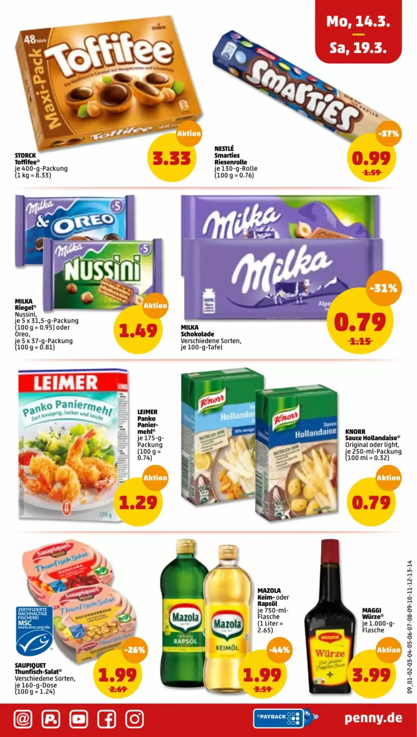 Aktueller Prospekt Penny - Prospekte - von 14.03 bis 19.03.2022 - strona 9 - produkty: Berger, eimer, fisch, flasche, gin, hollandaise, knorr, leimer, maggi, mazola, mehl, milka, nuss, oreo, rapsöl, riegel, salat, sauce, sauce hollandaise, schoko, schokolade, storck, thunfisch, Ti, toffifee