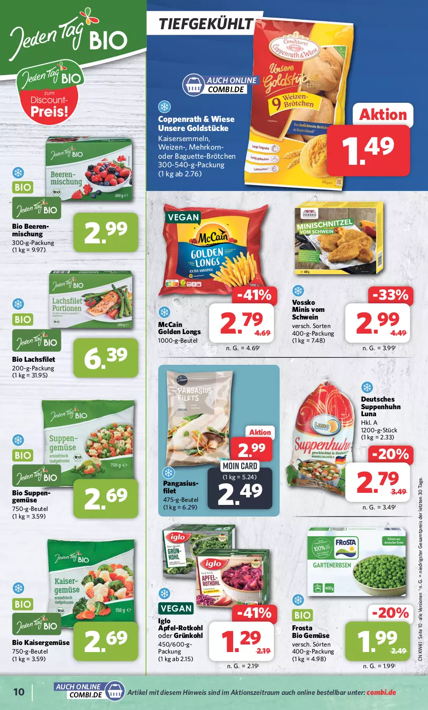 Aktueller Prospekt Combi - Prospekte - von 09.10 bis 14.10.2023 - strona 11 - produkty: apfel, baguette, beere, beeren, beutel, bio, bio gemüse, brötchen, coppenrath, eis, filet, frosta, Golden Longs, Goldstücke, iglo, Kaiser, Kaisergemüse, Kaisersemmel, korn, lachs, lachsfilet, mccain, Pangasius, reis, rotkohl, schwein, Semmel, suppe, suppen, Suppenhuhn, Ti, vossko, wein, ZTE