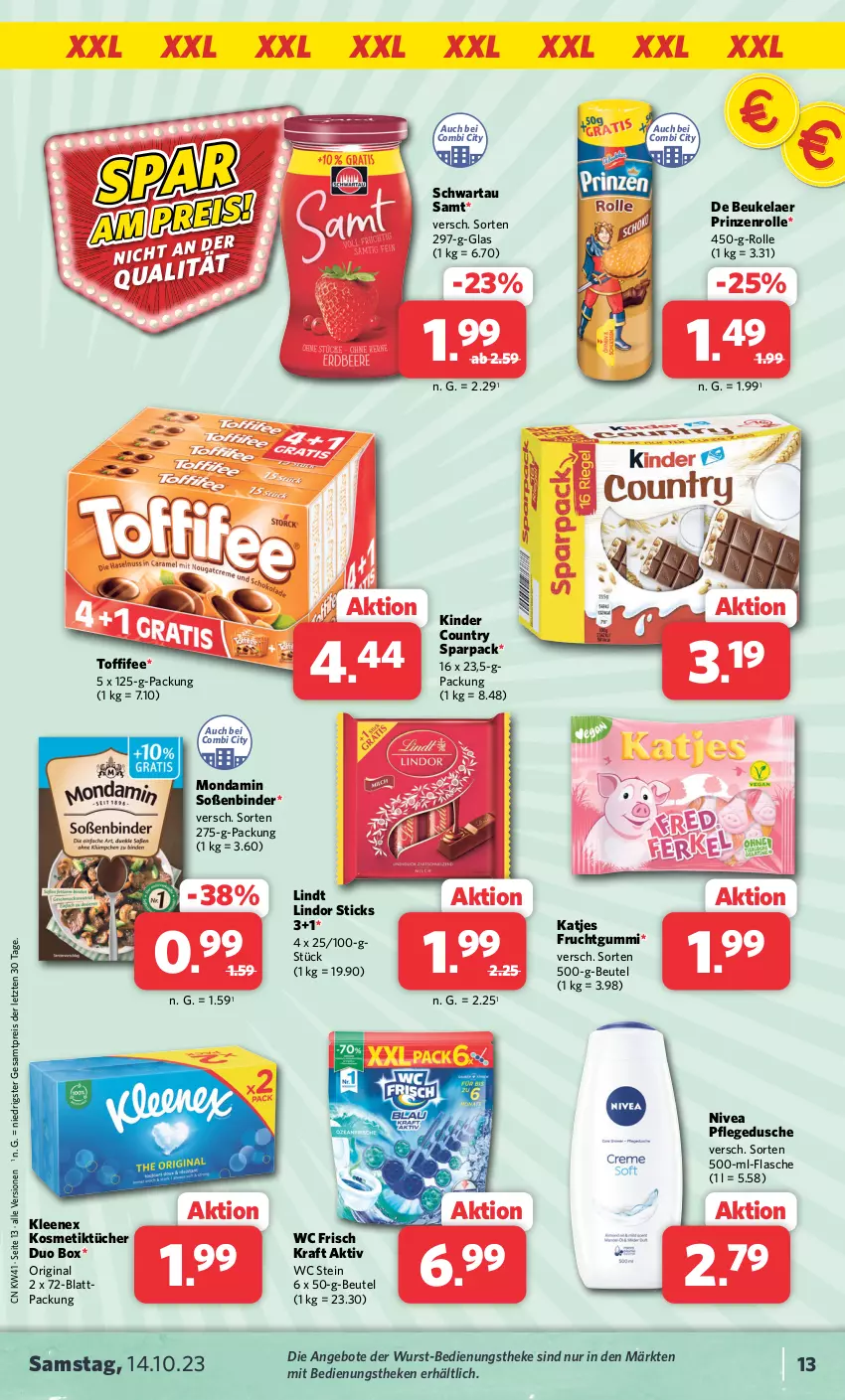 Aktueller Prospekt Combi - Prospekte - von 09.10 bis 14.10.2023 - strona 14 - produkty: angebot, angebote, beutel, de beukelaer, dusche, eis, flasche, frucht, fruchtgummi, gin, katjes, Kinder, kinder country, kosmetik, Kosmetiktücher, kraft, lindor, lindt, mondamin, nivea, pflegedusche, prinzenrolle, reis, Schwartau, Soße, Ti, toffifee, tücher, wc frisch, WC Frisch Kraft Aktiv, wurst, ZTE