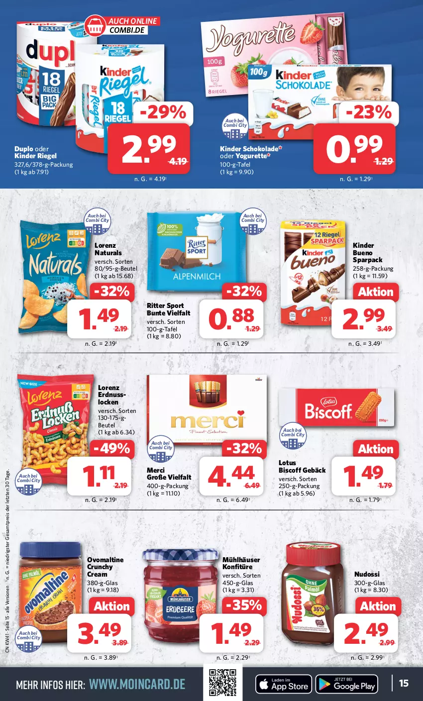 Aktueller Prospekt Combi - Prospekte - von 09.10 bis 14.10.2023 - strona 16 - produkty: beutel, biscoff, duplo, eis, erdnuss, Kinder, kinder bueno, kinder riegel, kinder schokolade, konfitüre, lorenz, merci, mühlhäuser, natur, natura, Nudossi, nuss, oder yogurette, ovomaltine, reis, riegel, ritter, ritter sport, schoko, schokolade, Sport, Ti, Yo, yogurette, ZTE