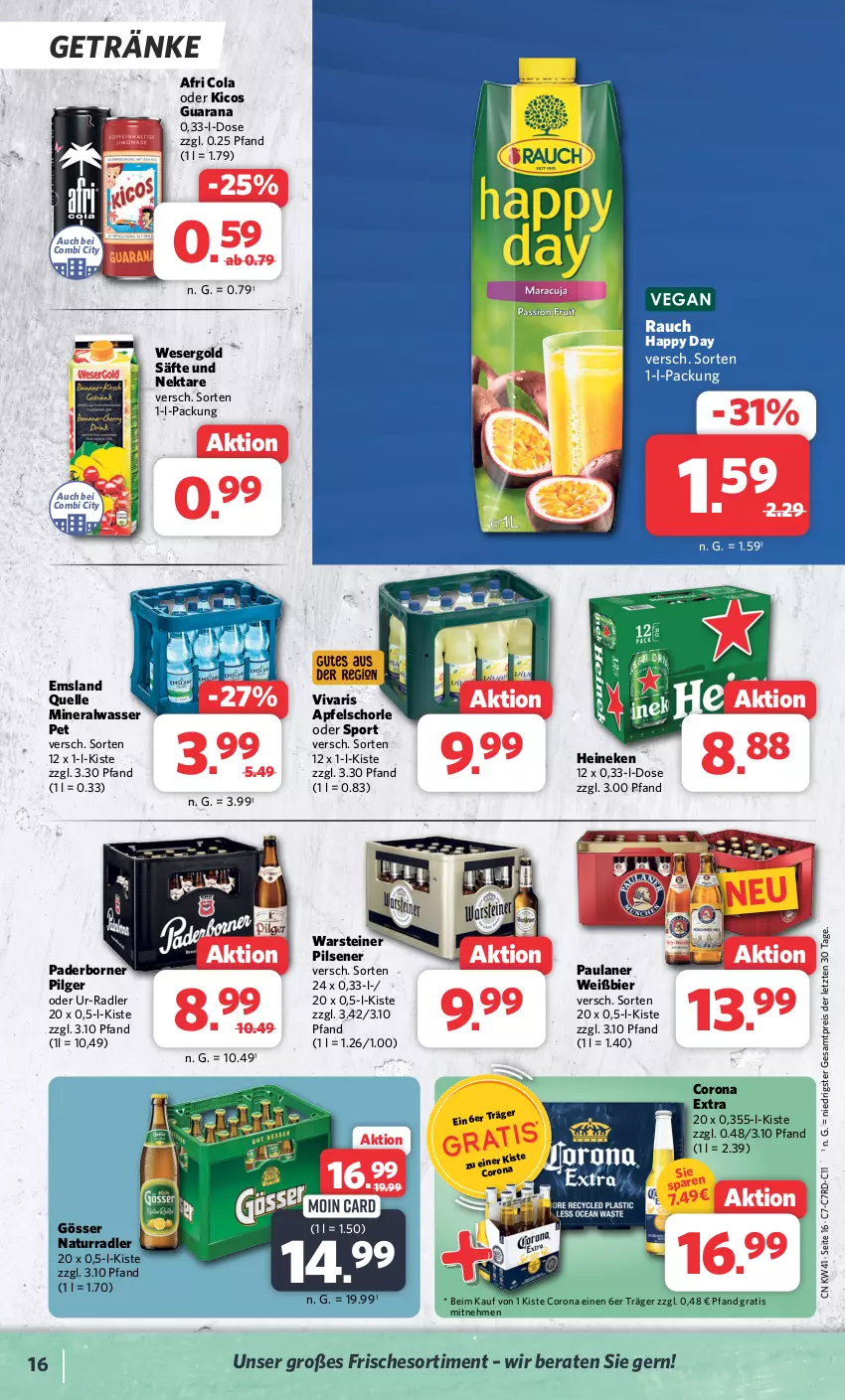 Aktueller Prospekt Combi - Prospekte - von 09.10 bis 14.10.2023 - strona 17 - produkty: Afri Cola, Alwa, apfel, Apfelschorle, bier, cola, corona, corona extra, eis, elle, getränk, getränke, gösser, Happy Day, heineken, LG, mineralwasser, natur, Nektar, Paula, paulaner, pils, pilsener, radler, Rana, Rauch, reis, säfte, schorle, Sport, steiner, Ti, Vivaris, warsteiner, wasser, ZTE