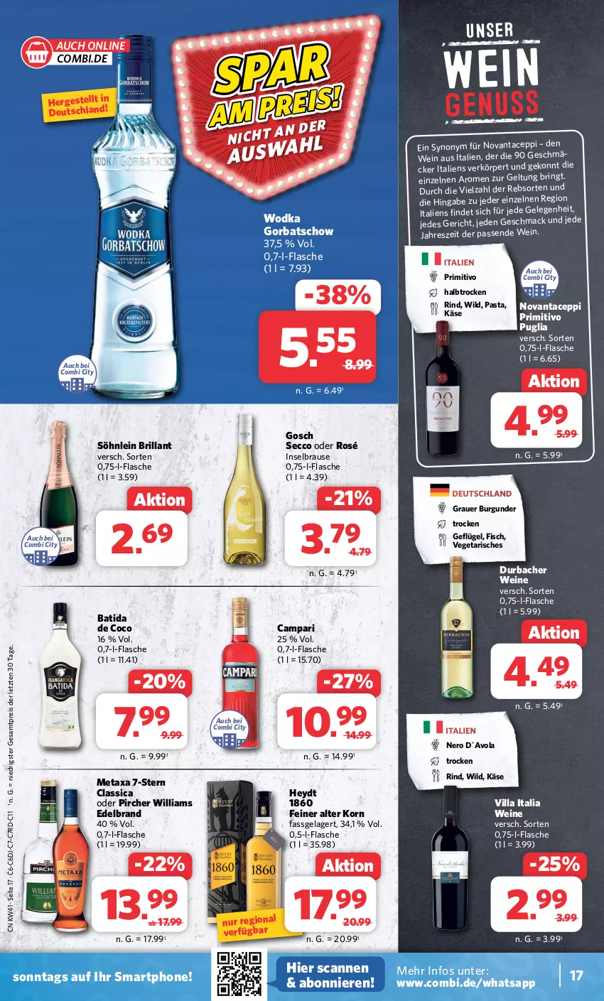 Aktueller Prospekt Combi - Prospekte - von 09.10 bis 14.10.2023 - strona 18 - produkty: auer, batida, brause, burgunder, campari, ecco, eis, fisch, flasche, Geflügel, Gorbatschow, grauer burgunder, Käse, korn, mac, Metaxa, nero, pasta, pircher, primitivo, reis, rind, ring, smartphone, söhnlein, söhnlein brillant, Ti, Vegeta, wein, weine, Wild, wodka, ZTE