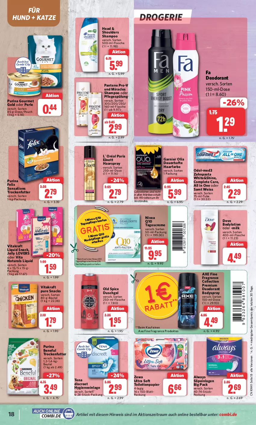 Aktueller Prospekt Combi - Prospekte - von 09.10 bis 14.10.2023 - strona 19 - produkty: Alwa, Always, auer, axe, beutel, body, bodylotion, bodyspray, Colorationen, creme, deo, deodorant, Discreet, dove, duschgel, eis, elnett, felix, flasche, garnier, gourmet gold, haarspray, kraft, L´Oréal, Lotion, nachtpflege, natur, natura, nivea, Odol, Old Spice, pantene, pantene pro-v, papier, pasta, Pflegespülung, pro-v, purina, Q10, reis, sensations, shampoo, slip, slipeinlagen, snack, snacks, spülung, tagescreme, Tagespflege, Ti, toilettenpapier, trockenfutter, vita, vitakraft, zahnpasta, zewa, ZTE