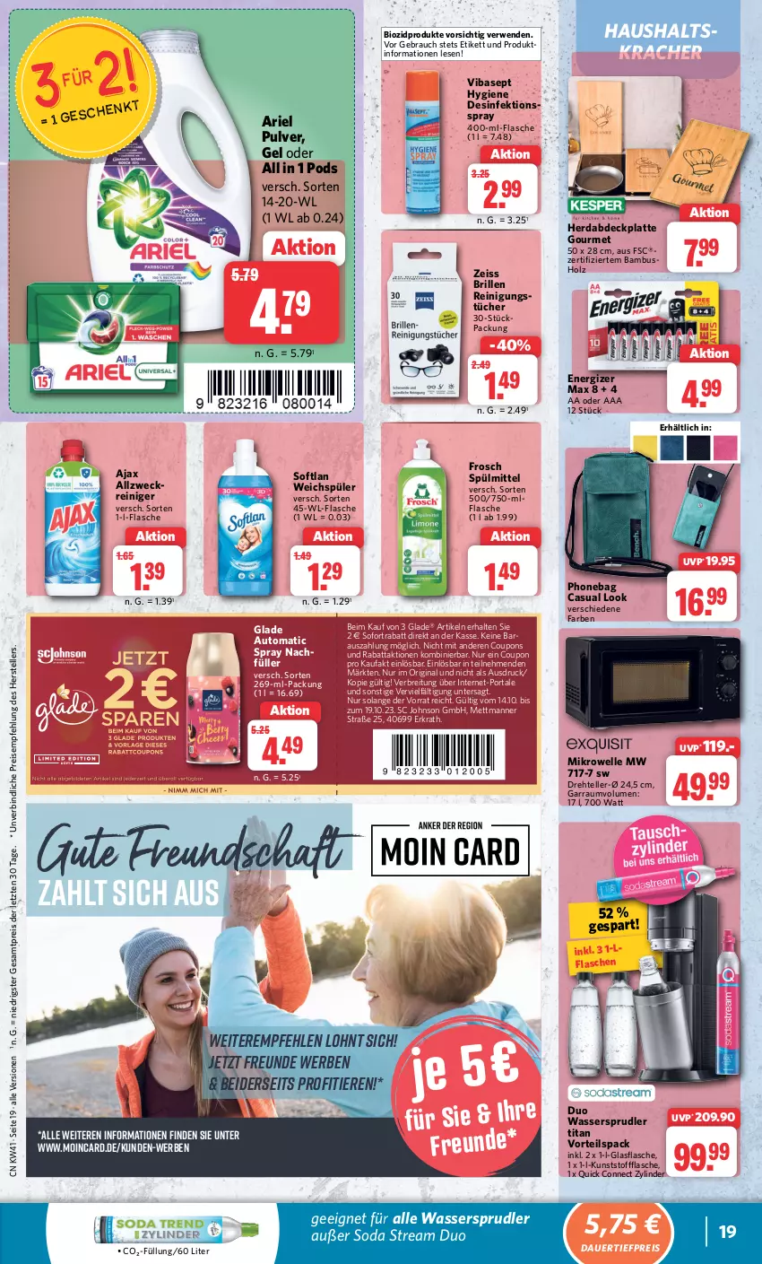 Aktueller Prospekt Combi - Prospekte - von 09.10 bis 14.10.2023 - strona 20 - produkty: ajax, ariel, auer, auto, bambus, bio, biozidprodukte, Brei, Brille, coupon, coupons, dauertiefpreis, Desinfektion, eis, elle, energizer, flasche, Frosch, garraum, gin, Glade, glasflasche, Holz, kracher, latte, Manner, Mett, mikrowelle, Pods, Rauch, reiniger, Reinigung, reis, rwe, Soda, sofortrabatt, Softlan, spülmittel, teller, Ti, tiefpreis, Tiere, tücher, wasser, wassersprudler, weck, weichspüler, ZTE