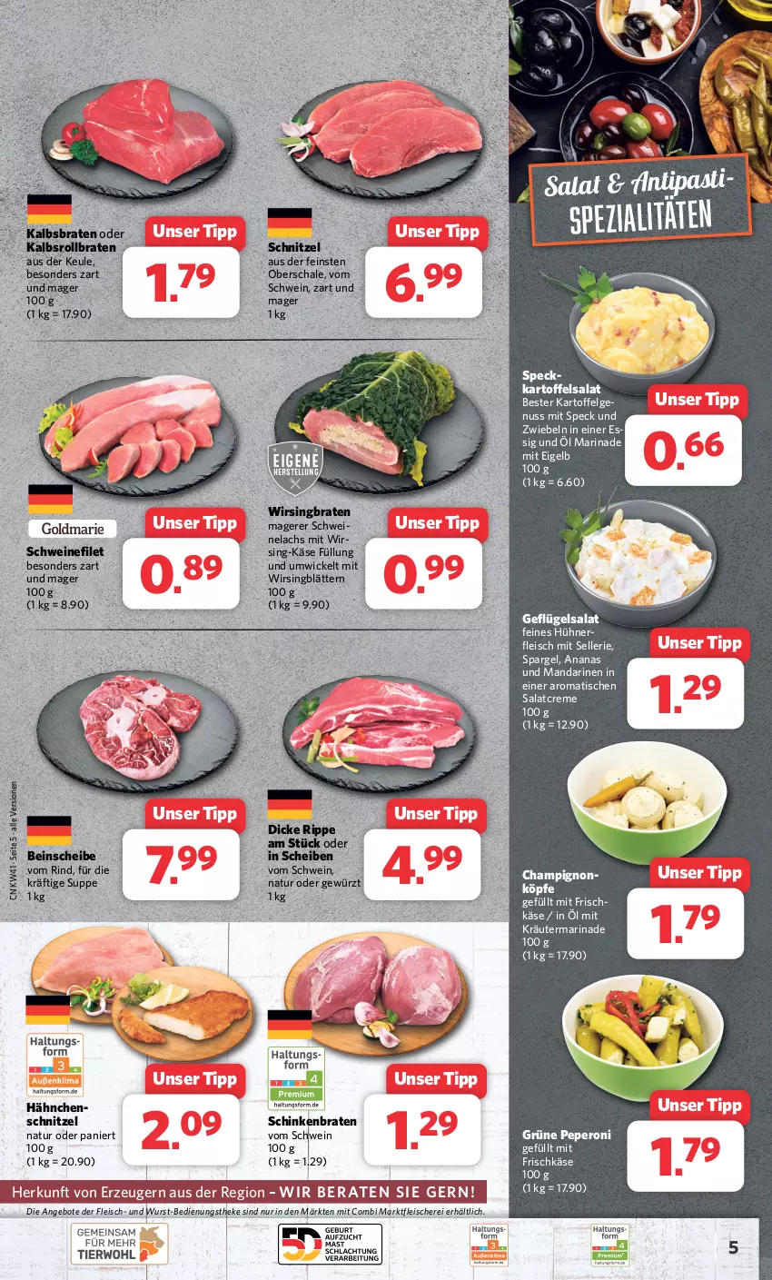 Aktueller Prospekt Combi - Prospekte - von 09.10 bis 14.10.2023 - strona 5 - produkty: ananas, angebot, angebote, antipasti, asti, braten, champignon, creme, eis, elle, filet, fleisch, Fleischerei, frischkäse, Geflügel, geflügelsalat, gewürz, hühner, kartoffel, kartoffelsalat, Käse, kräuter, lachs, LG, mandarine, mandarinen, marinade, natur, nuss, peperoni, Peroni, rind, rollbraten, salat, salatcreme, Schal, Schale, Schere, schinken, schinkenbraten, schnitzel, schwein, schweine, schweinefilet, spargel, Speck, Spezi, suppe, Ti, tisch, wein, weine, WICK, Wirsing, wurst, zwiebel, zwiebeln