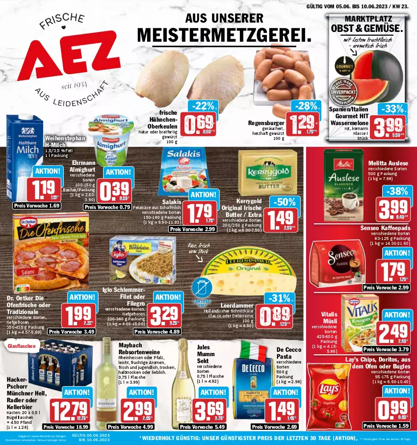 Aktueller Prospekt Aez - Prospekte - von 05.06 bis 10.06.2023 - strona 1 - produkty: almighur, almighurt, Becher, bier, bügel, bügelflasche, bugles, burger, butter, chips, De Cecco, die ofenfrische, Doritos, Dr. Oetker, ecco, ehrmann, ehrmann almighurt, eis, elle, feta, filegro, filet, flasche, fleisch, Frische Hähnchen, frucht, fruchtfleisch, gewürz, gin, glasflasche, holländischer schnittkäse, iglo, irische butter, jules mumm, kaffee, kaffeepads, Käse, kellerbier, kerrygold, leerdammer, maybach, Meister, melitta, melone, milch, mumm, müsli, natur, obst, Ofen, pasta, radler, rebsortenweine, regensburger, reis, salakis, schlemmerfilet, schnittkäse, sekt, senseo, Ti, tisch, tradizionale, vita, vitalis, vitalis müsli, wasser, wassermelone, weihenstephan, wein, weine, ZTE