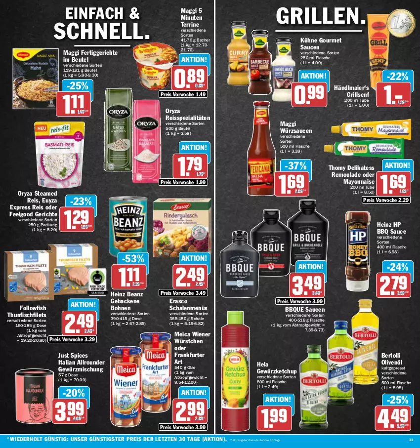 Aktueller Prospekt Aez - Prospekte - von 05.06 bis 10.06.2023 - strona 11 - produkty: beanz, Becher, bertolli, beutel, bohne, bohnen, eis, erasco, fertiggericht, fertiggerichte, filet, filets, fisch, flasche, followfish, frankfurter, geback, gewürz, gewürzketchup, Gewürzmischung, grill, händlmaier, heinz, Hela, HP, ketchup, Kühne, LG, maggi, mayonnaise, meica, olive, oliven, olivenöl, oryza, reis, reiss, remoulade, sauce, saucen, Schal, Schale, senf, Spezi, terrine, thomy, thunfisch, Ti, wiener, wiener würstchen, würstchen, würzsauce, würzsaucen, Yo, ZTE